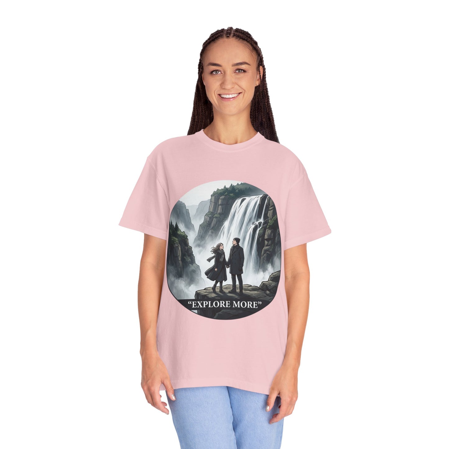 Explore More T-Shirt — Adventure Graphic Tee with Waterfall Scene