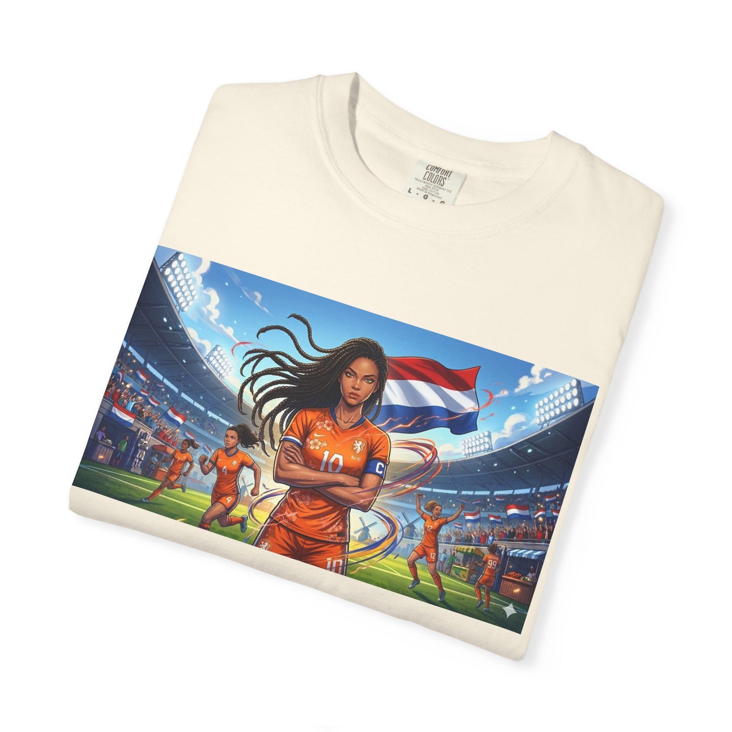 Soccer Warrior T-Shirt — Netherlands Female Captain with Flag Stadium Graphic