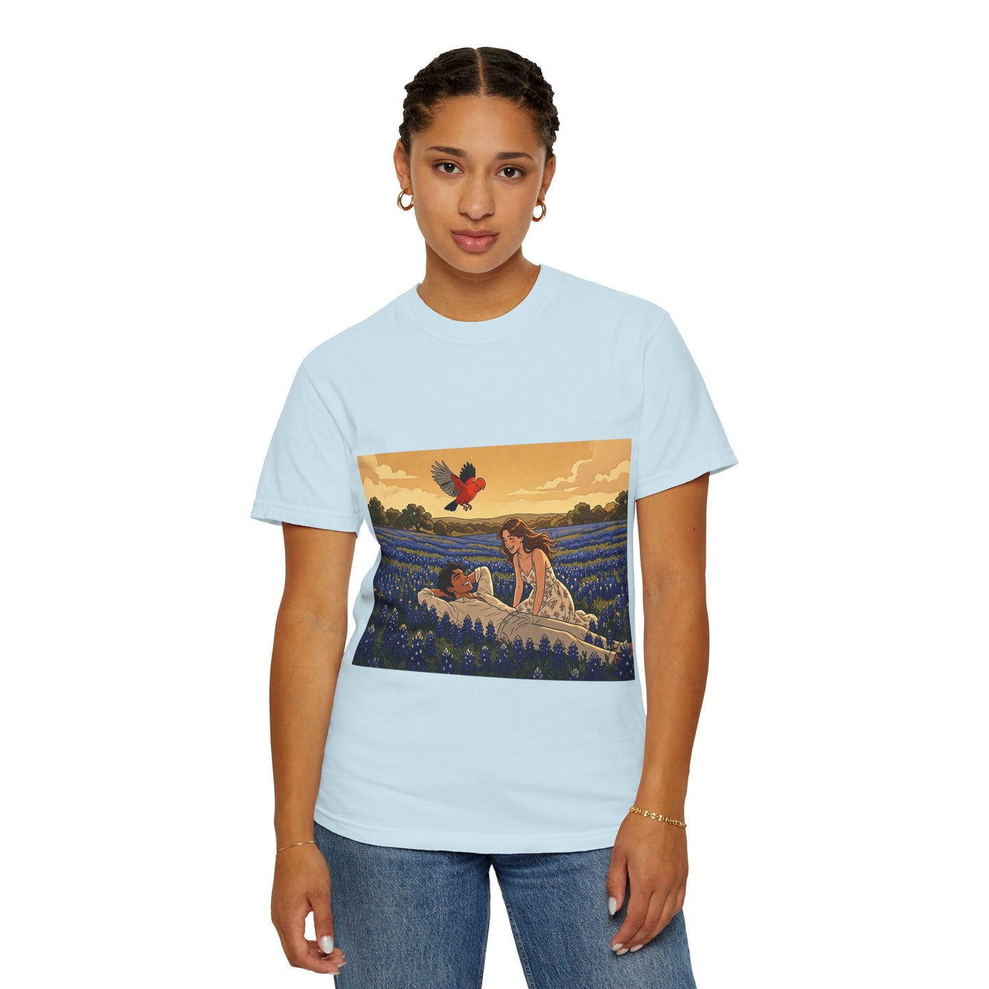 Romantic Bluebonnet Field T-Shirt — Couple in Wildflower Meadow Art Tee