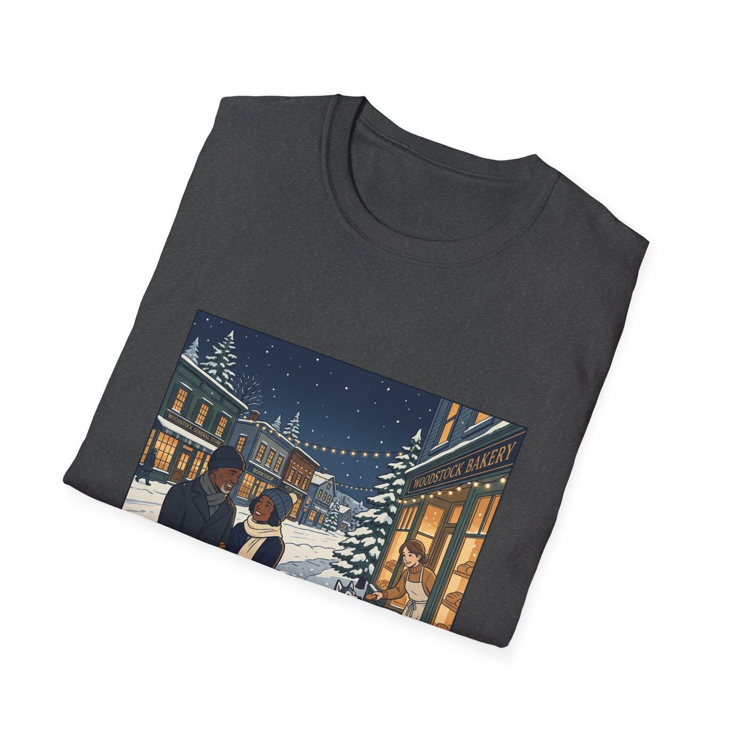 Winter String Lights Stroll T-Shirt — Cozy Holiday Street Scene Graphic Tee