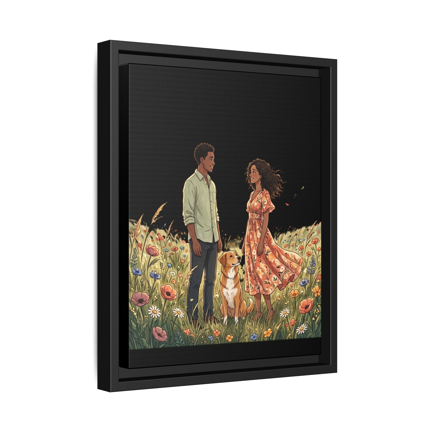 Framed Matte Canvas Print — Romantic Couple in Wildflower Field (Multi‑Color)
