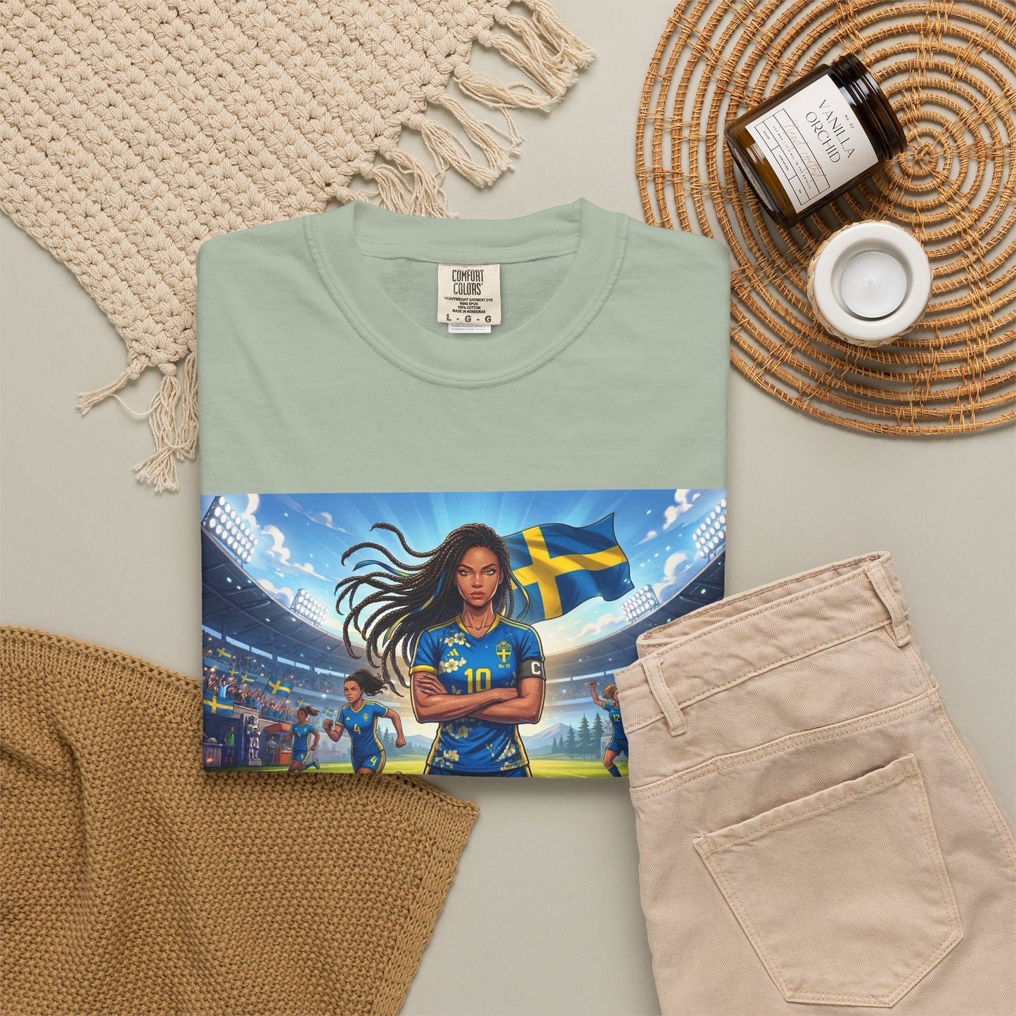 Swedish Soccer Pride T-Shirt — Female Footballer with Flag Stadium Design