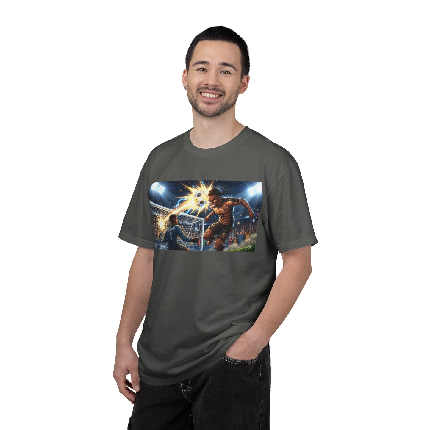Soccer Goal Celebration T-Shirt — Action Football Scene Graphic Tee