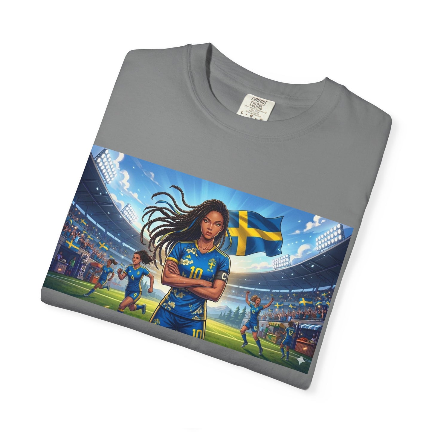 Swedish Soccer Pride T-Shirt — Female Footballer with Flag Stadium Design