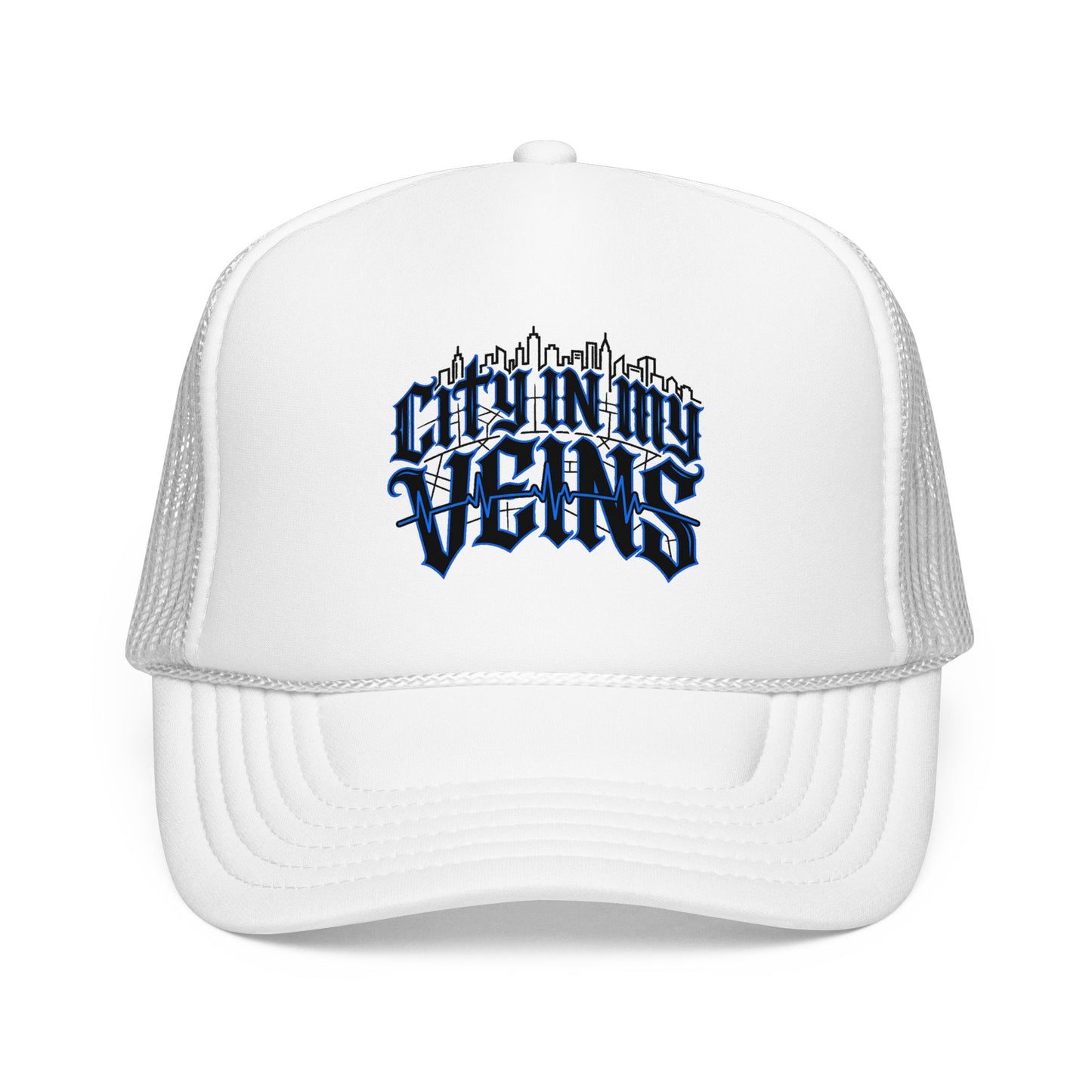 City In My Veins Foam Trucker Hat — Urban Gothic Blue Embroidered Cap