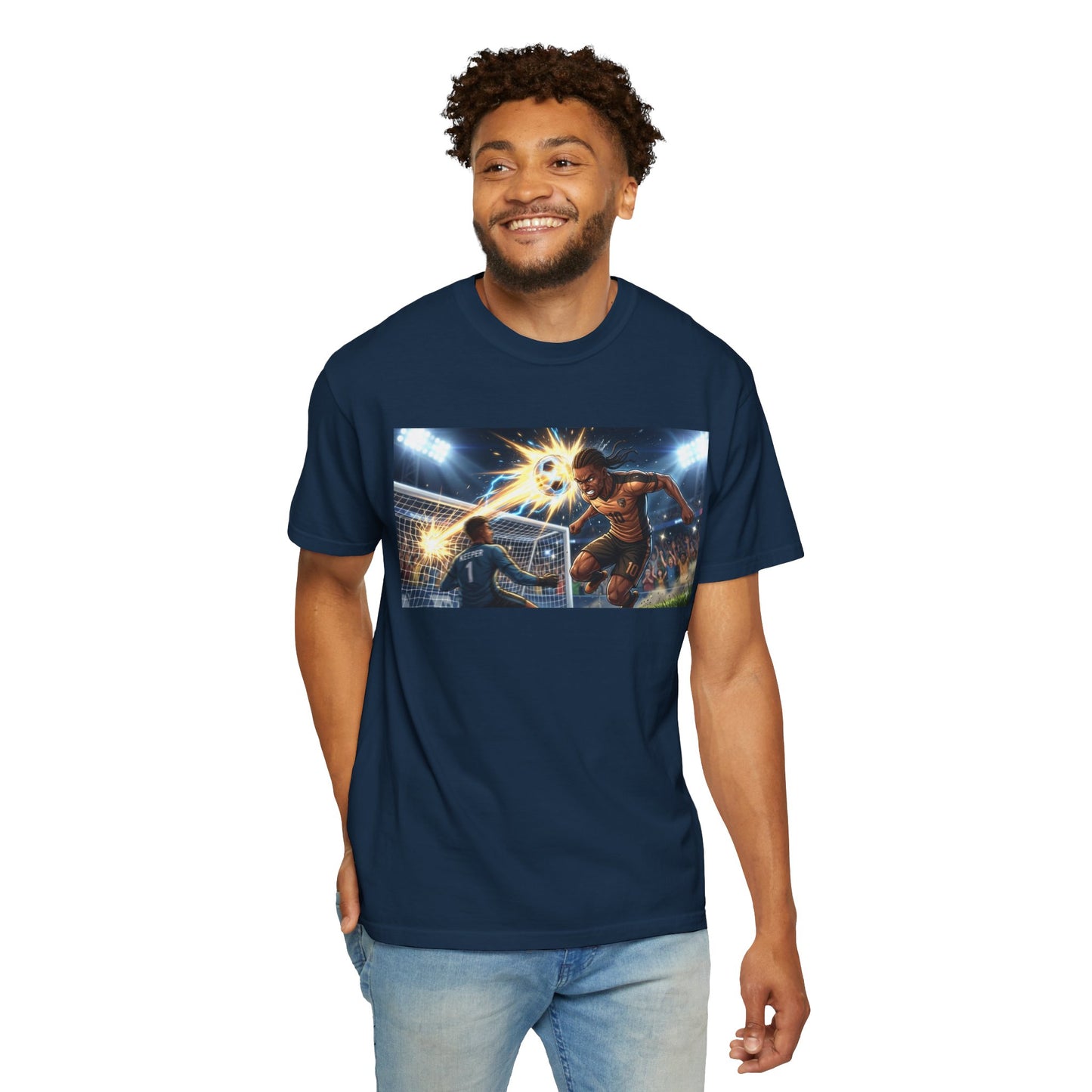 Soccer Goal Celebration T-Shirt — Action Football Scene Graphic Tee