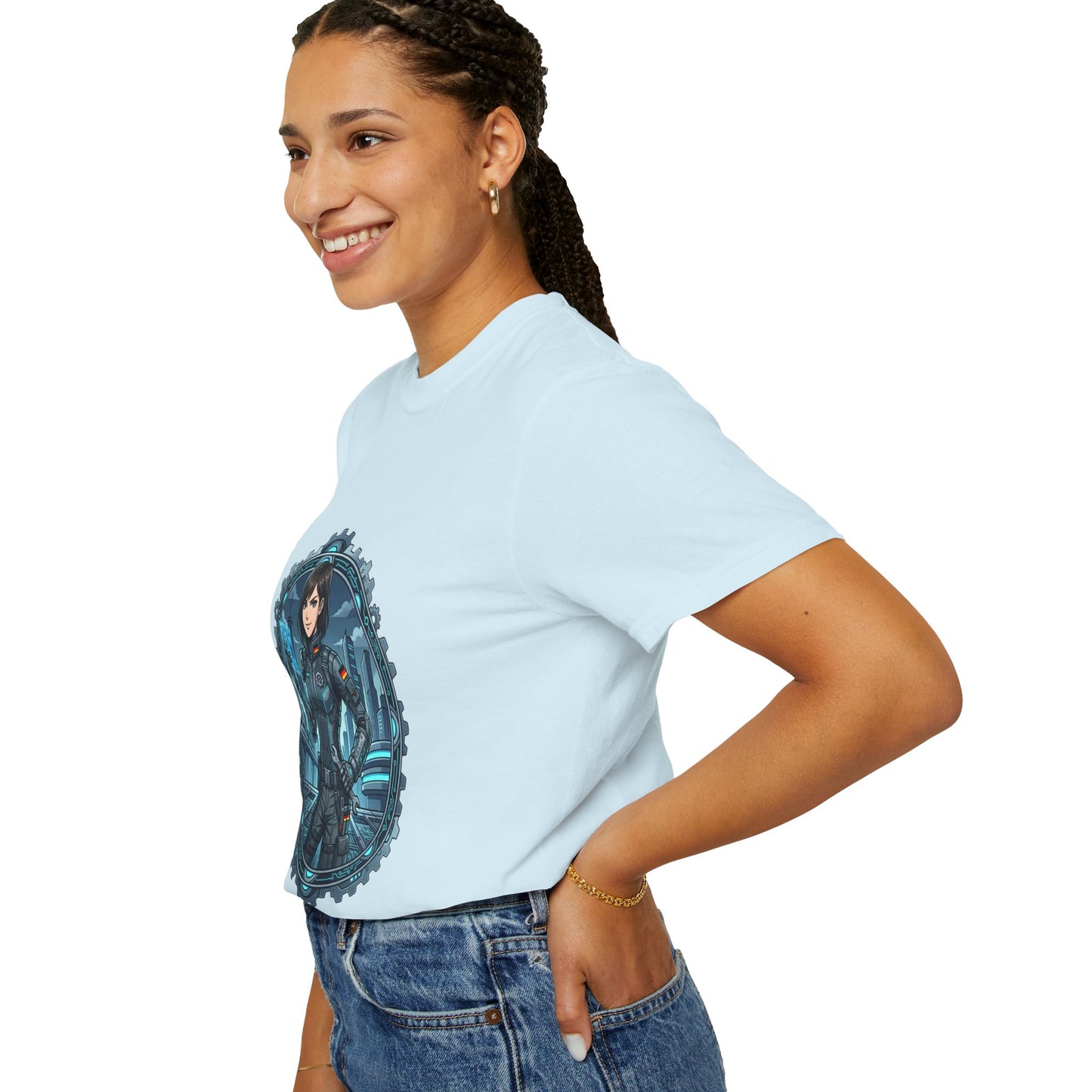 Cyber Ninja Graphic T-Shirt — Futuristic Female Warrior Illustration