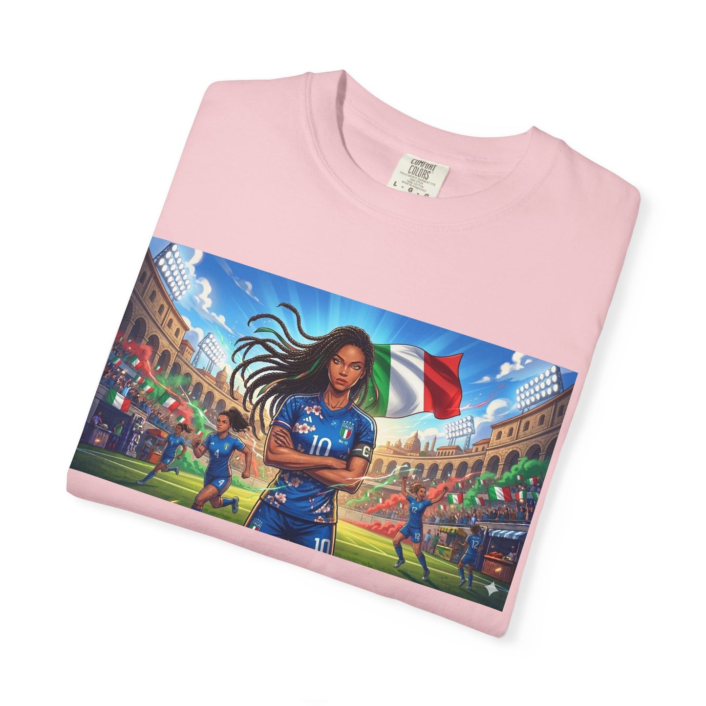 Italian Soccer Fan T‑Shirt – Inspirational Female Player with Italy Flag Stadium Print