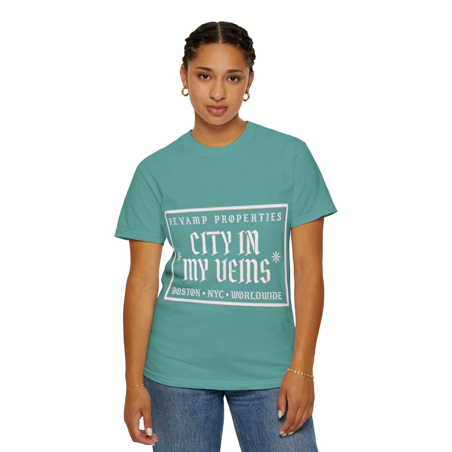 City In My Veins T‑Shirt — Vintage Cityscape Tee (Boston • NYC • Manchester)