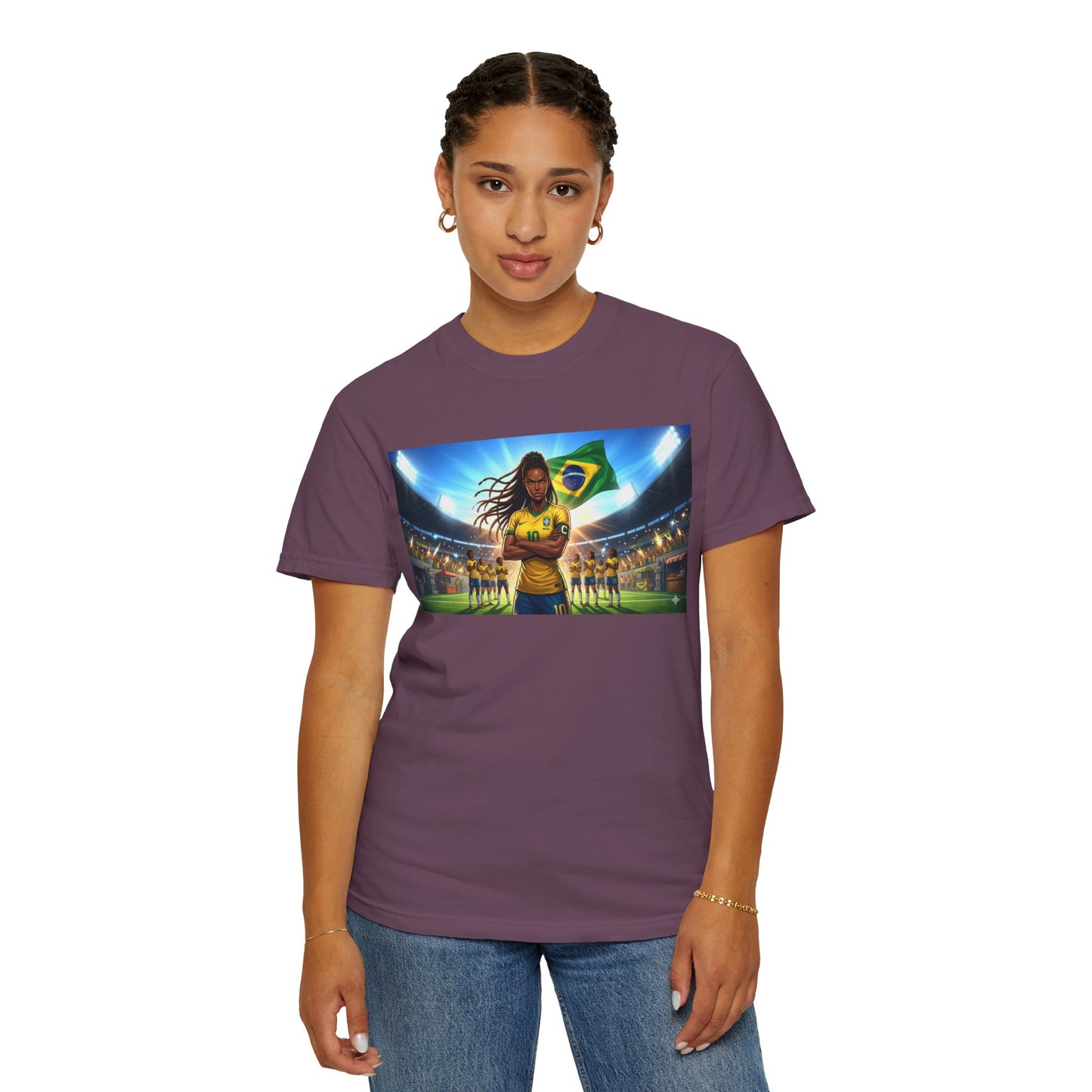Brazil Soccer Captain T-Shirt — Player Holding Ball with Brazilian Flag Stadium Graphic