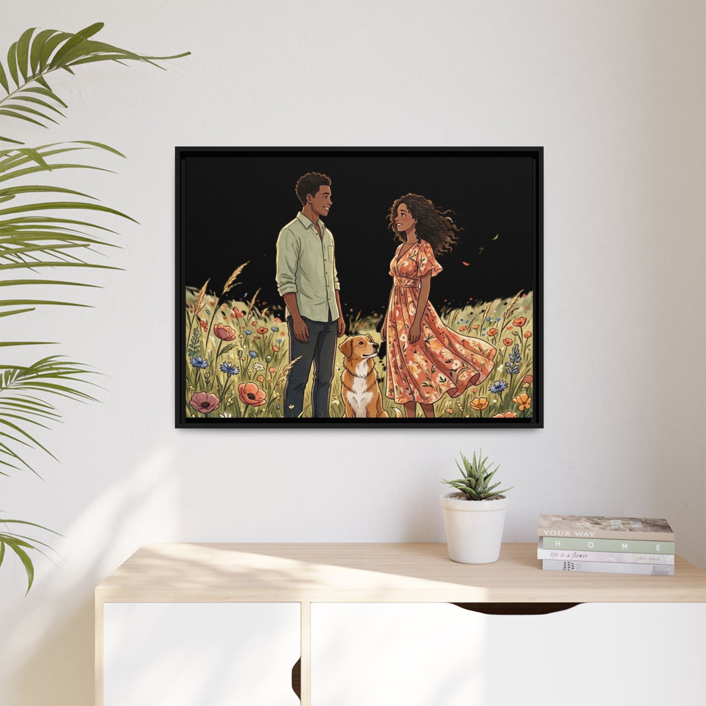 Framed Matte Canvas Print — Romantic Couple in Wildflower Field (Multi‑Color)
