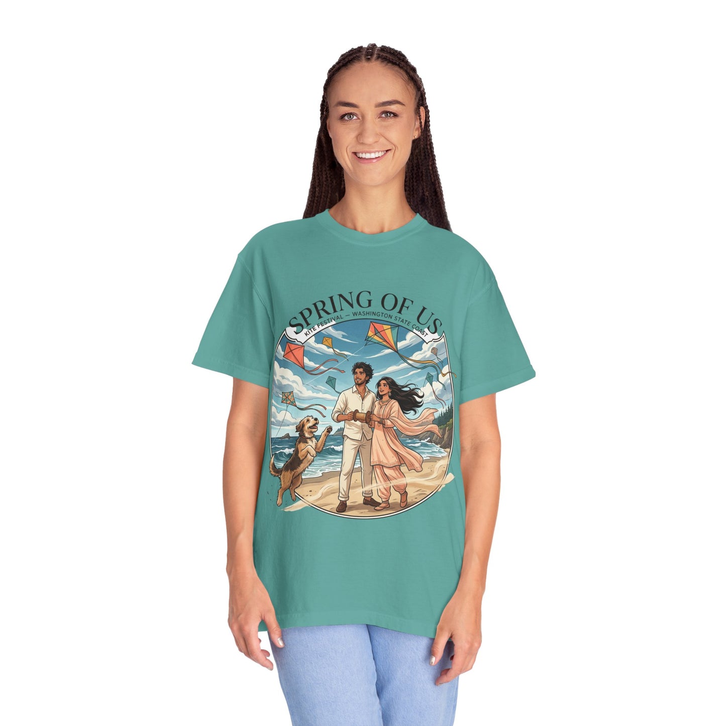 Spring of Us T-Shirt — Romantic Beach Couple Illustration with Dog