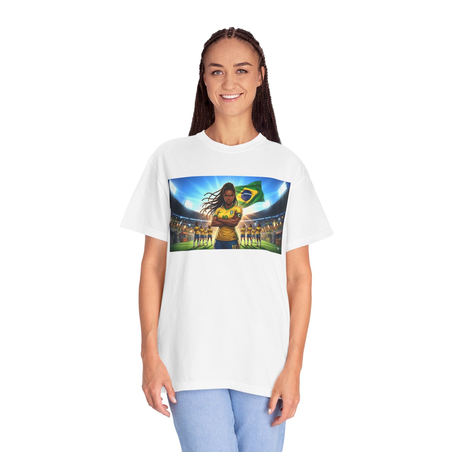 Brazil Soccer Captain T-Shirt — Player Holding Ball with Brazilian Flag Stadium Graphic