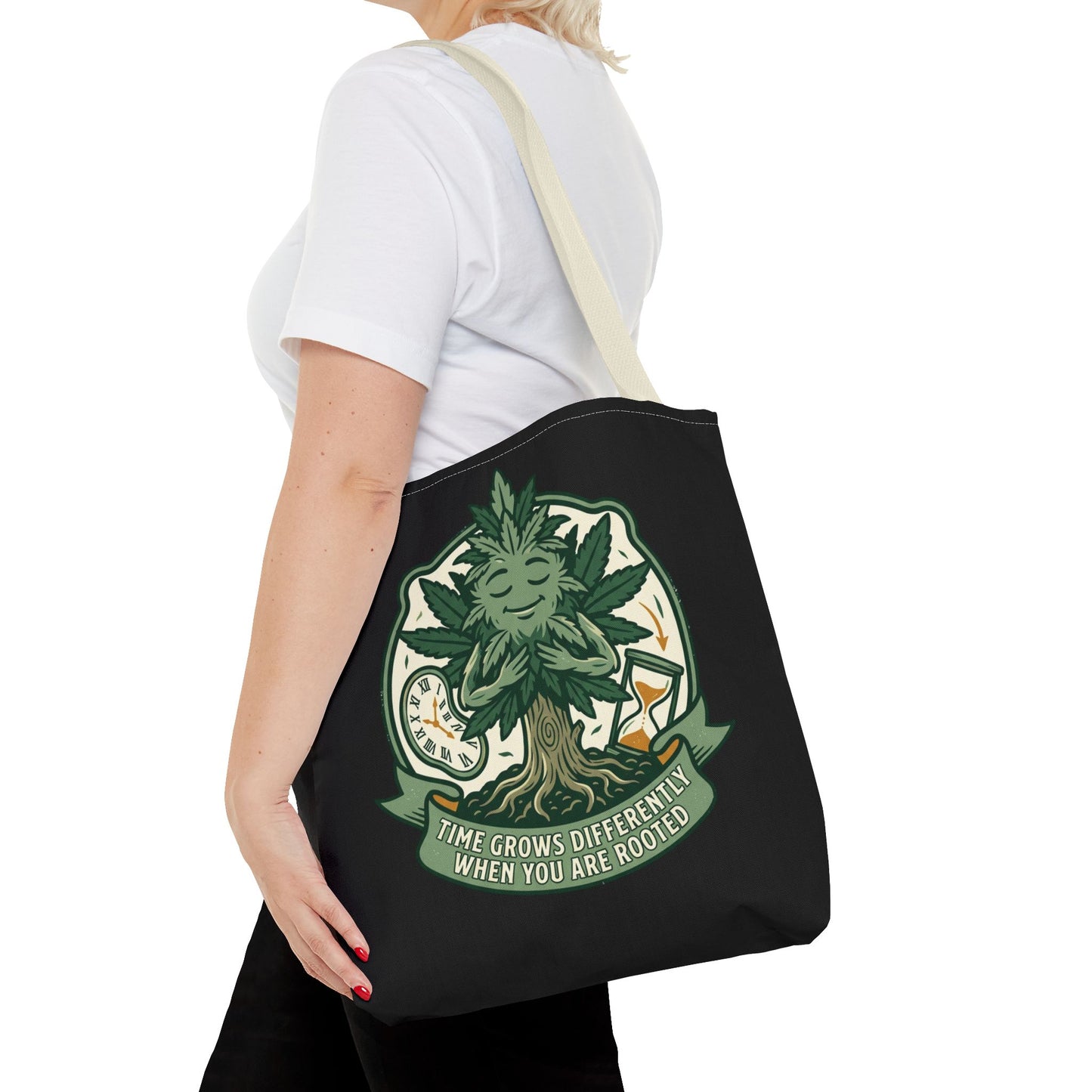 Rooted Tree Spirit Tote Bag — “Time Grows Different When You Are Rooted” Eco Tote
