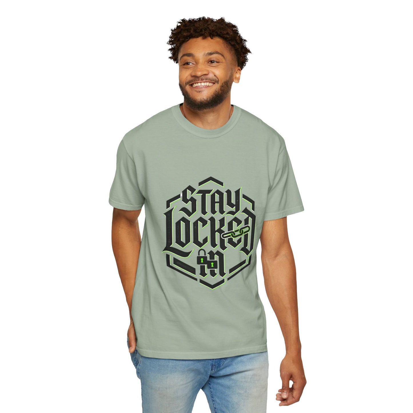 Stay Locked In T-Shirt — Bold Gothic Logo Tee