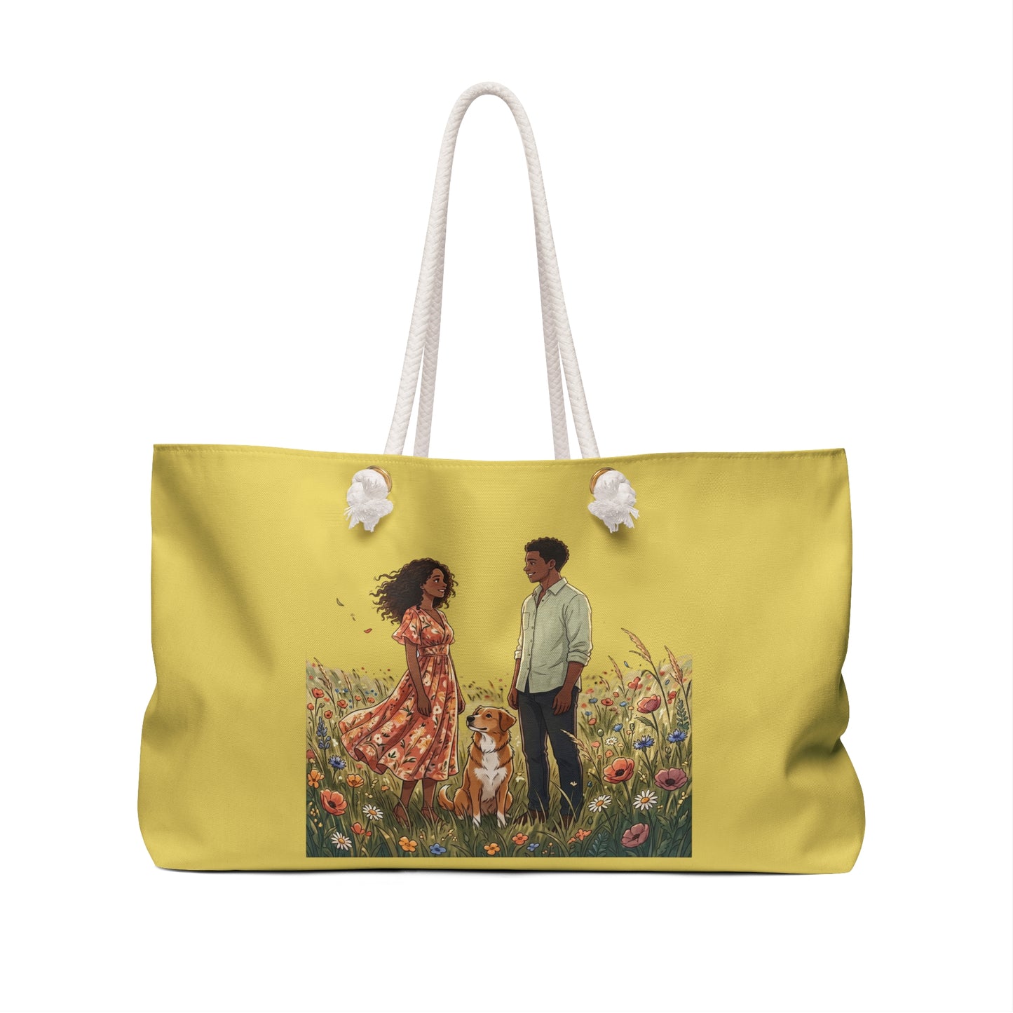 Romantic Meadow Couple Weekender Bag — Floral Field Travel Tote with Dog
