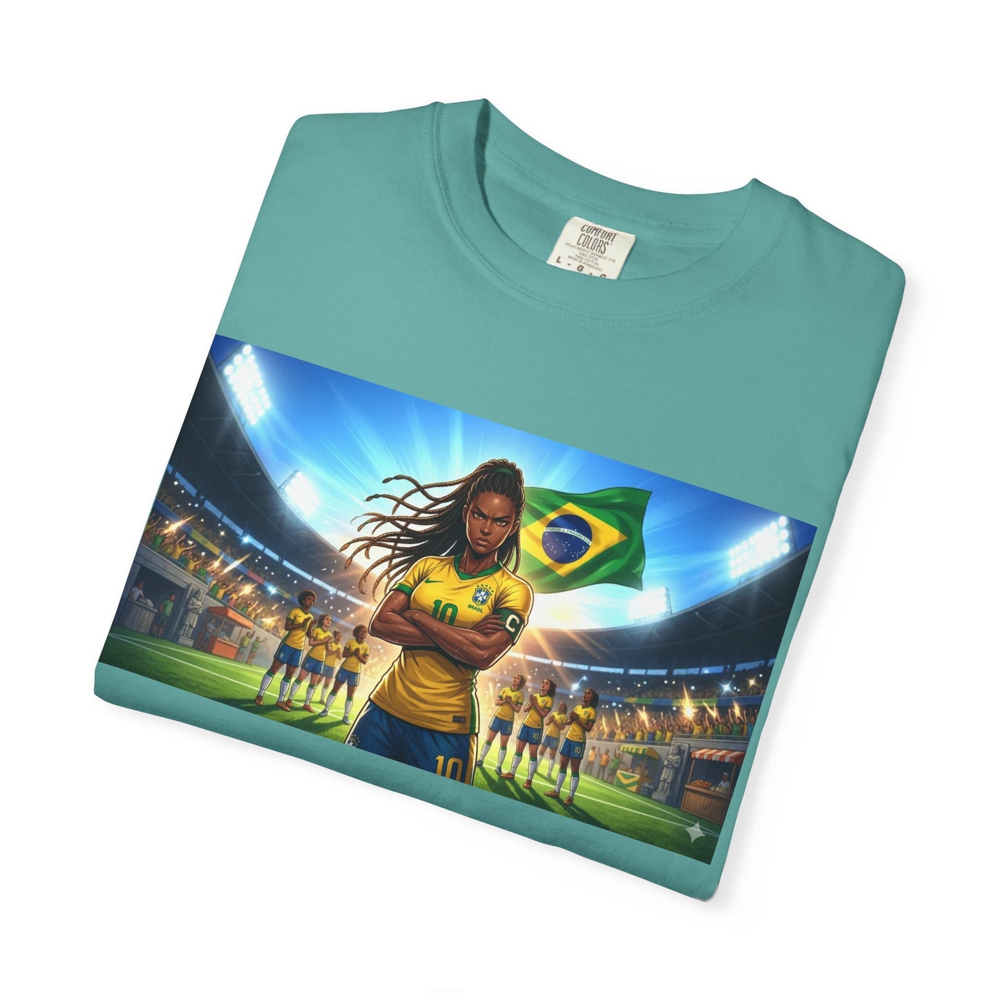 Brazil Soccer Captain T-Shirt — Player Holding Ball with Brazilian Flag Stadium Graphic