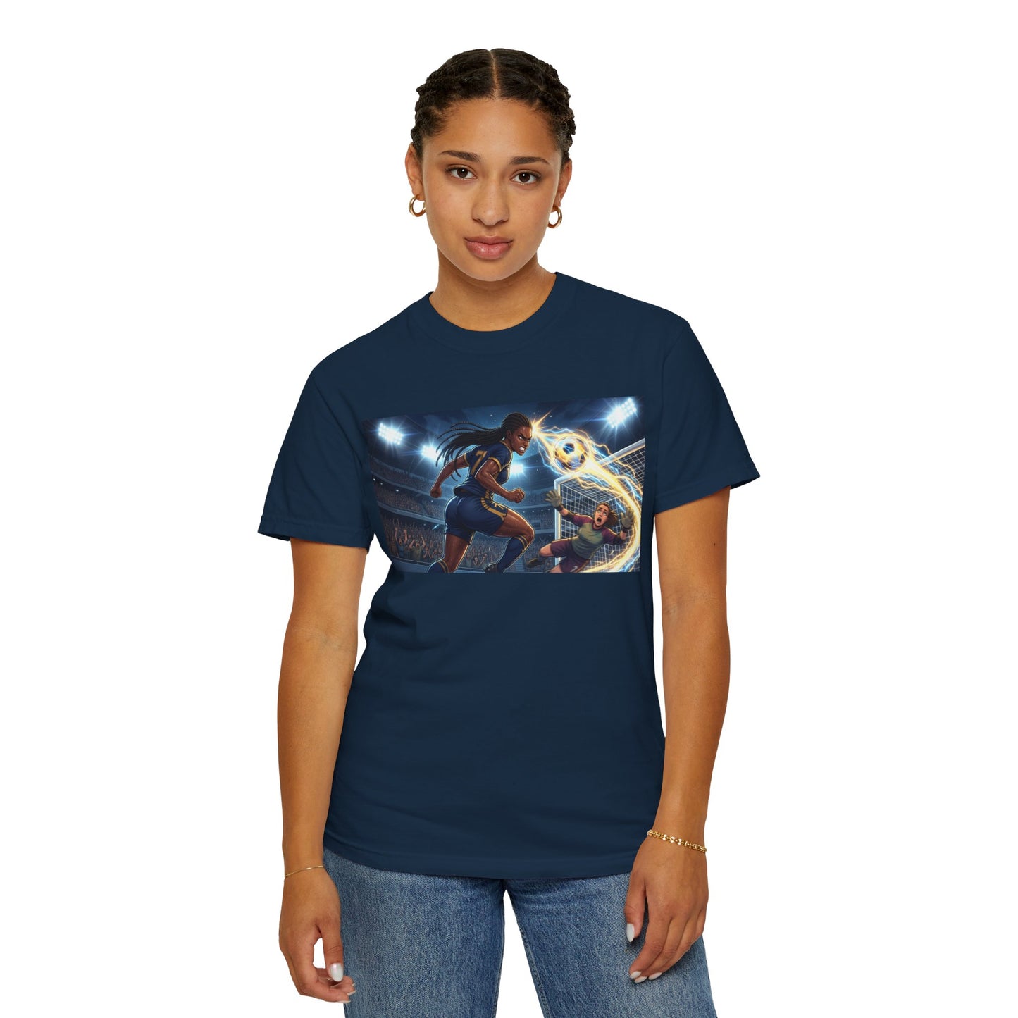 Soccer Duel Graphic T-Shirt — Futuristic Goalkeeper vs Striker Stadium Print