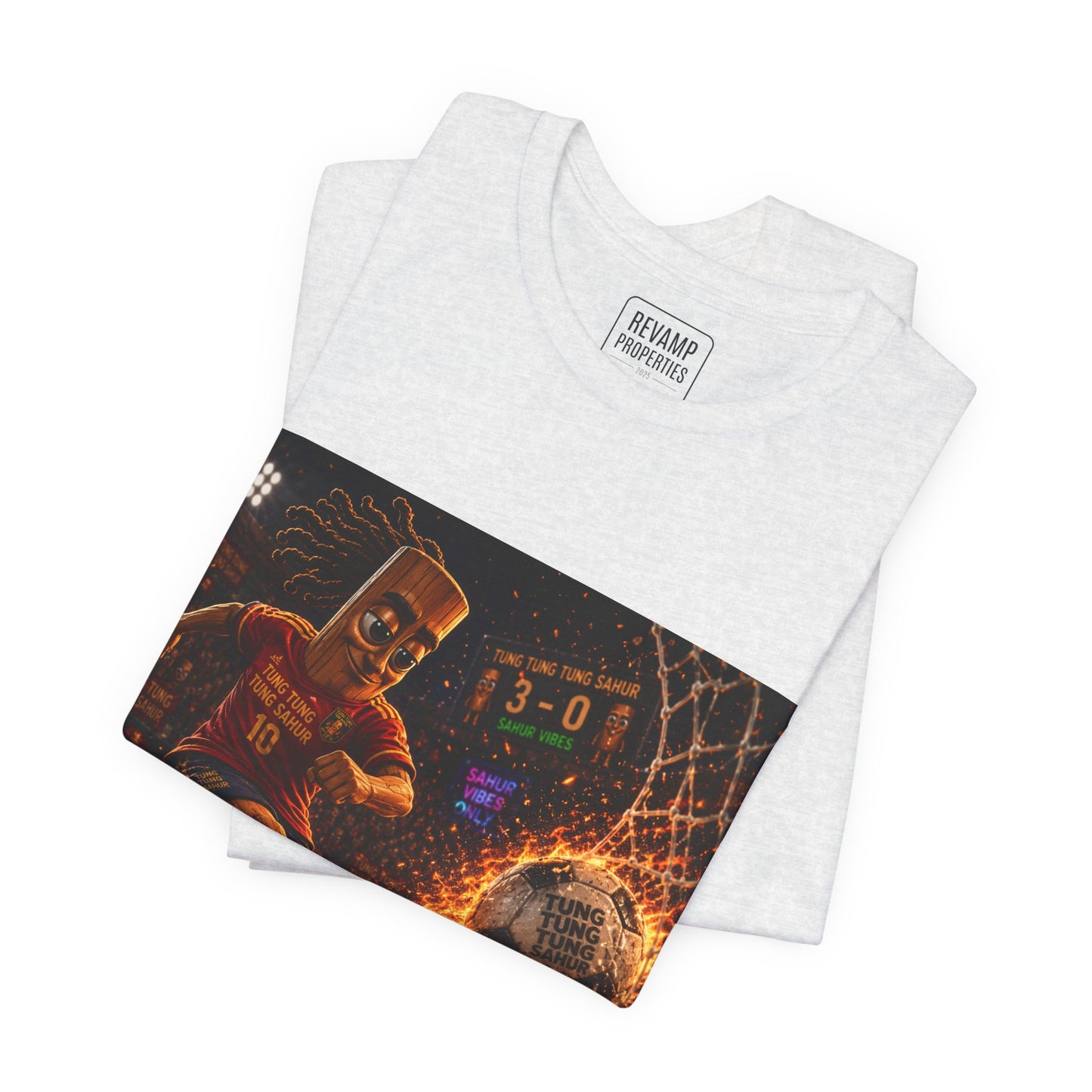 Tung Tung Tung Sahur Soccer Kick Firestorm Graphic Tee — ‘Goal’ Animated Kick Design