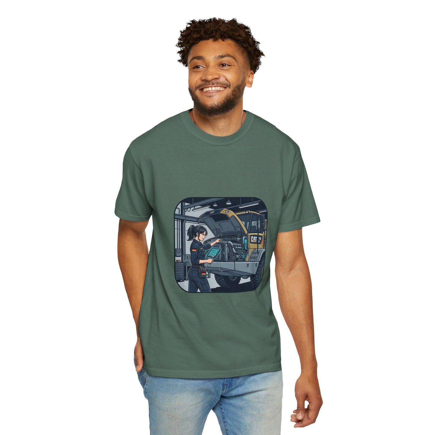 Mechanic Garage Scene T-Shirt — Vintage Truck Repair Illustration
