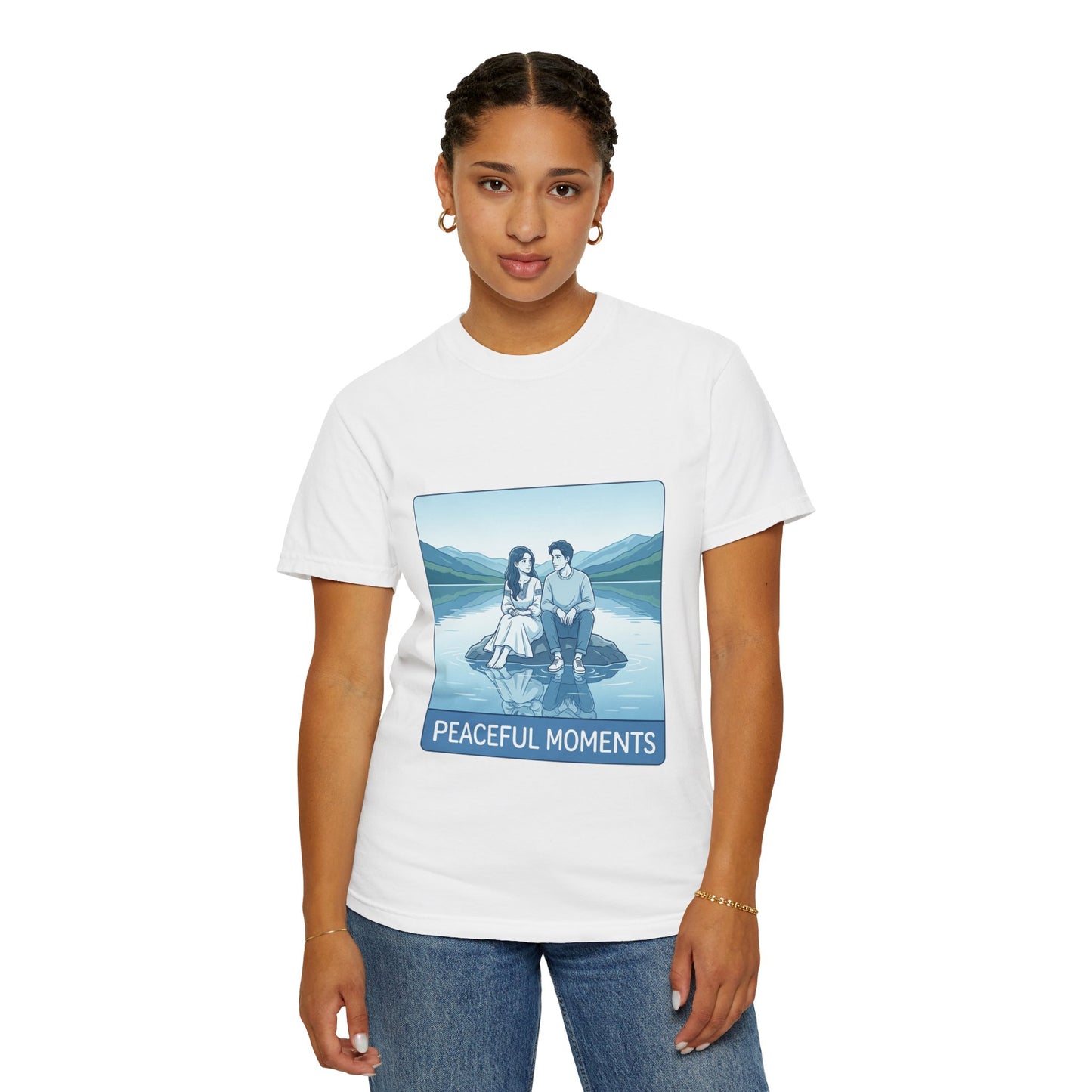 Peaceful Moments Tee — Couple Sitting by Lake Graphic T-Shirt