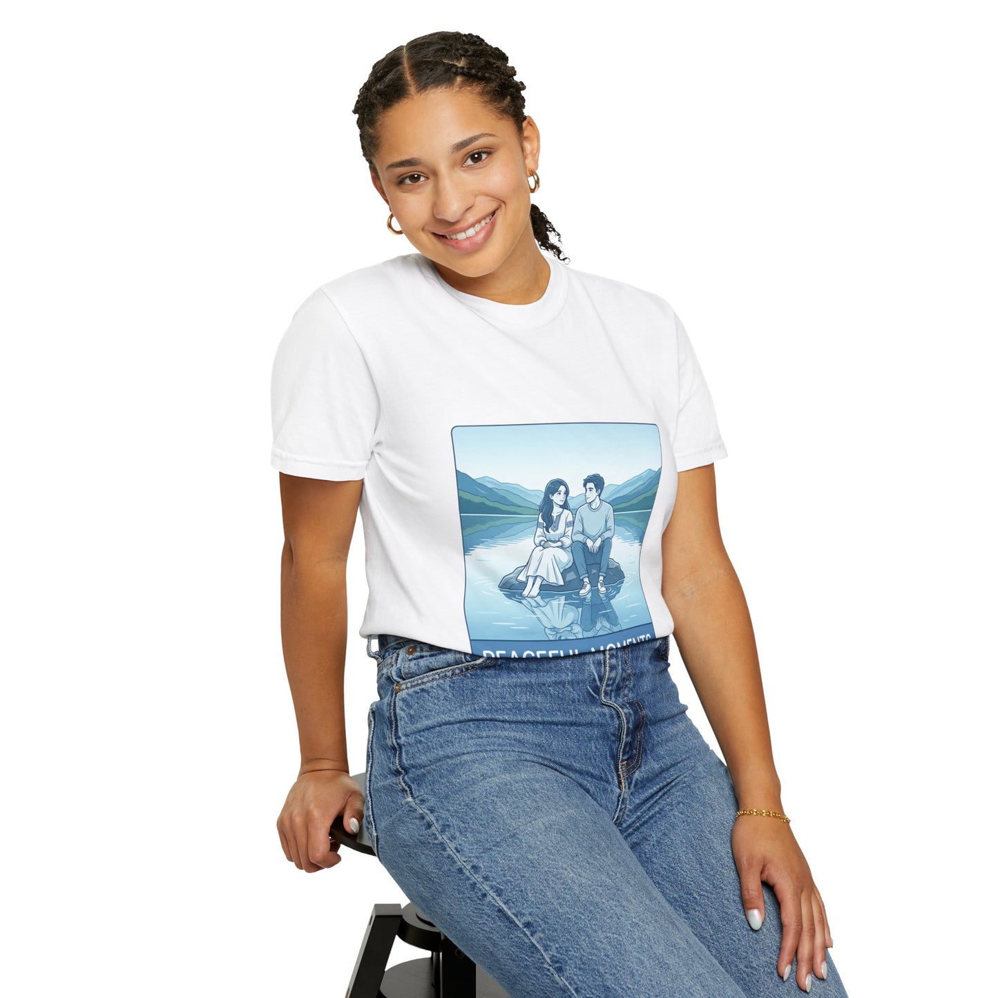 Peaceful Moments Tee — Couple Sitting by Lake Graphic T-Shirt