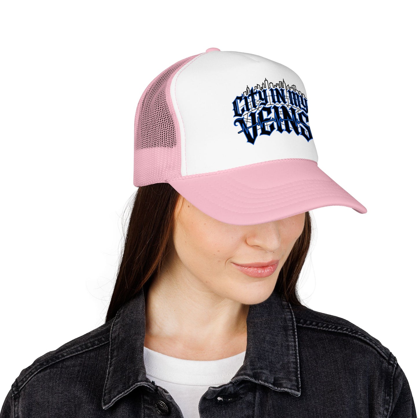 City In My Veins Foam Trucker Hat — Urban Gothic Blue Embroidered Cap