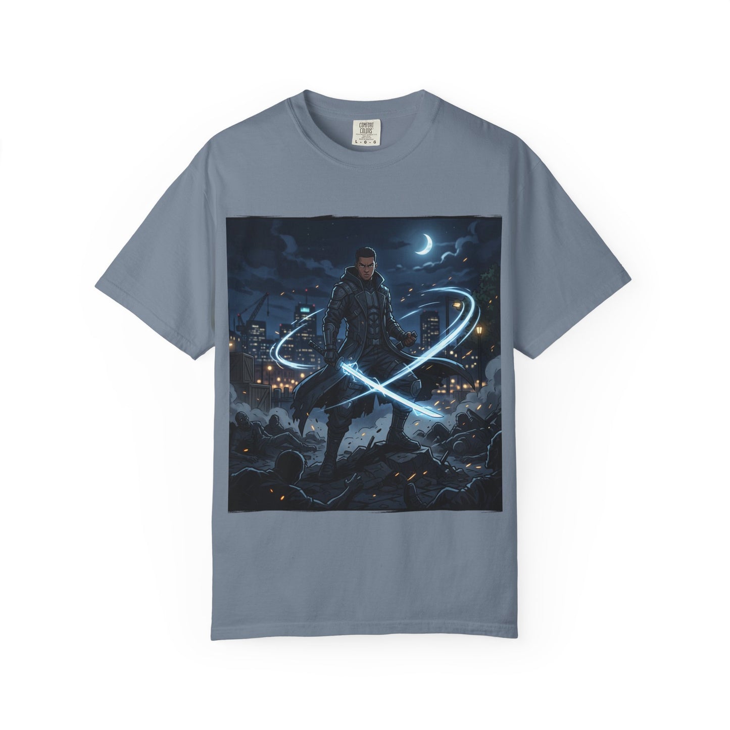 Urban Night Warrior T-Shirt — Neon Samurai Cityscape