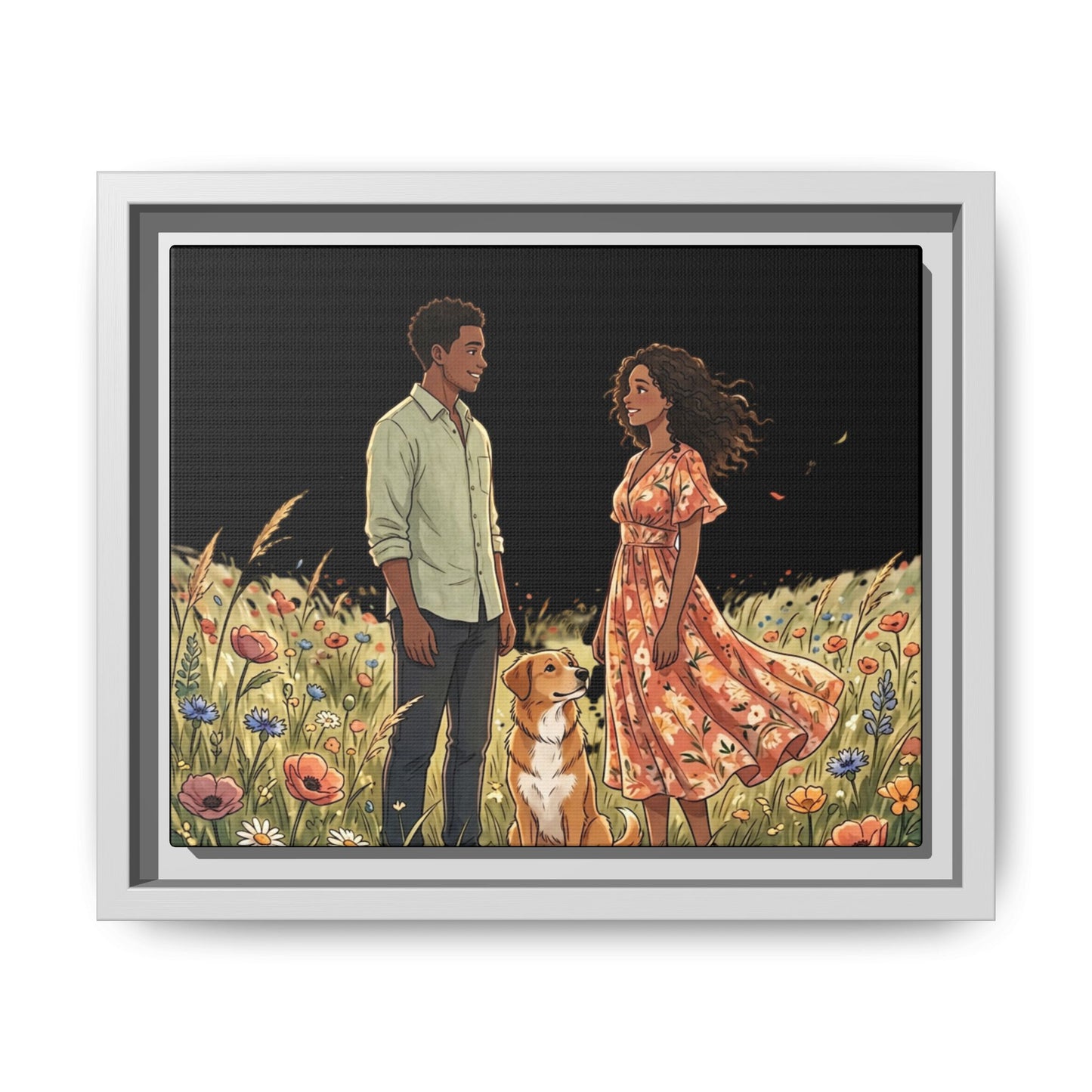Framed Matte Canvas Print — Romantic Couple in Wildflower Field (Multi‑Color)