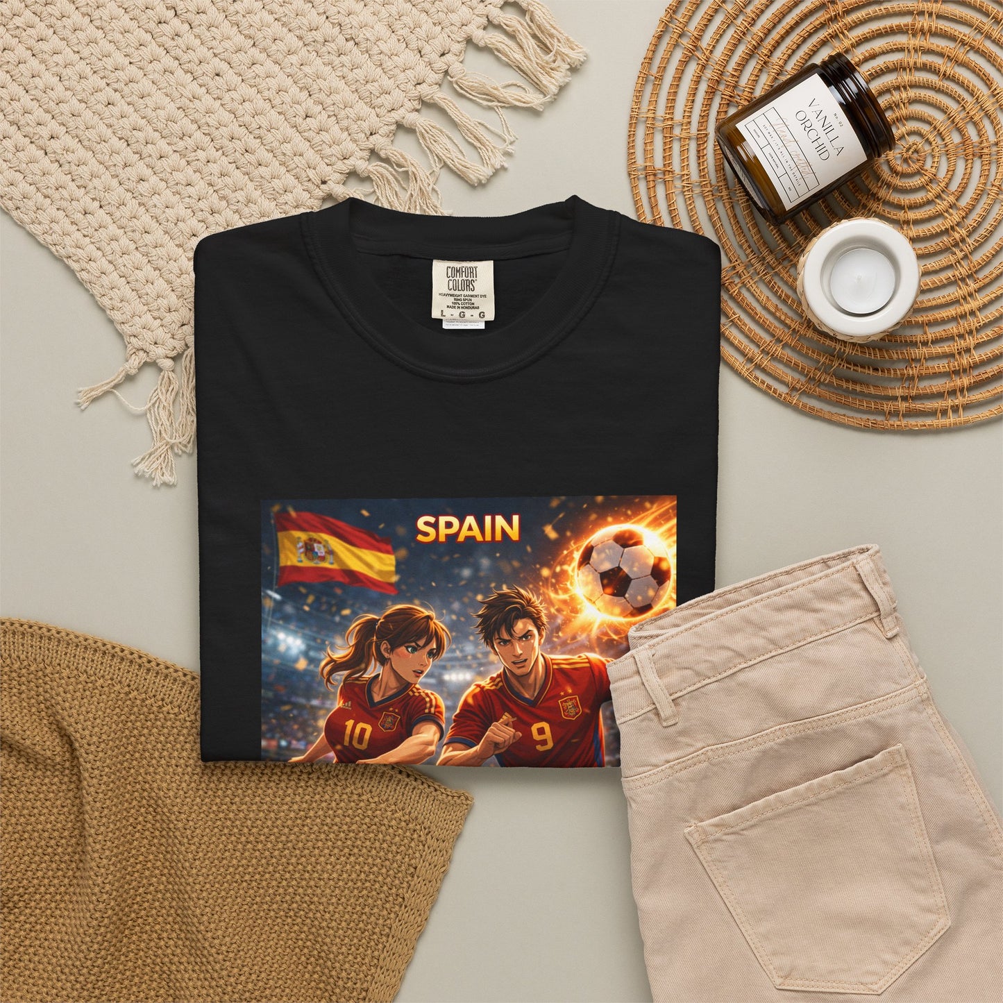 Spain Soccer Graphic T-Shirt — Retro Match Scene with Flag
