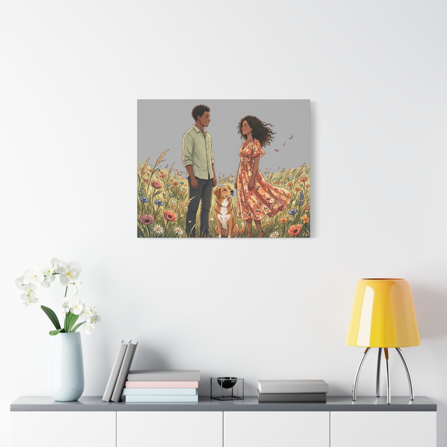 Romantic Couple in Wildflower Field Canvas Art — Black Love Wall Decor with Dog