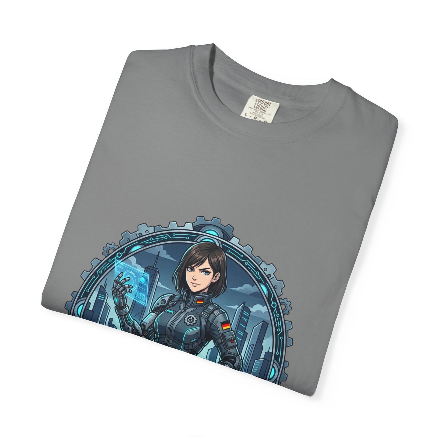 Cyber Ninja Graphic T-Shirt — Futuristic Female Warrior Illustration
