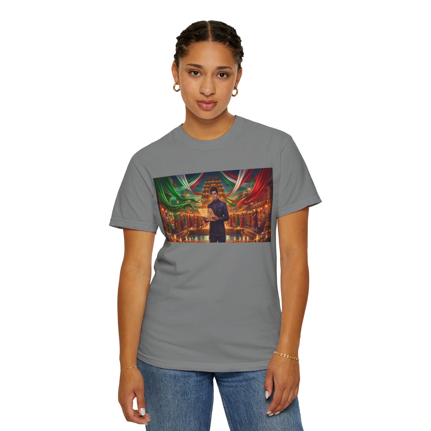 T-Shirt — Dragon Temple Night Scene Graphic Tee (Monk with Dragons)