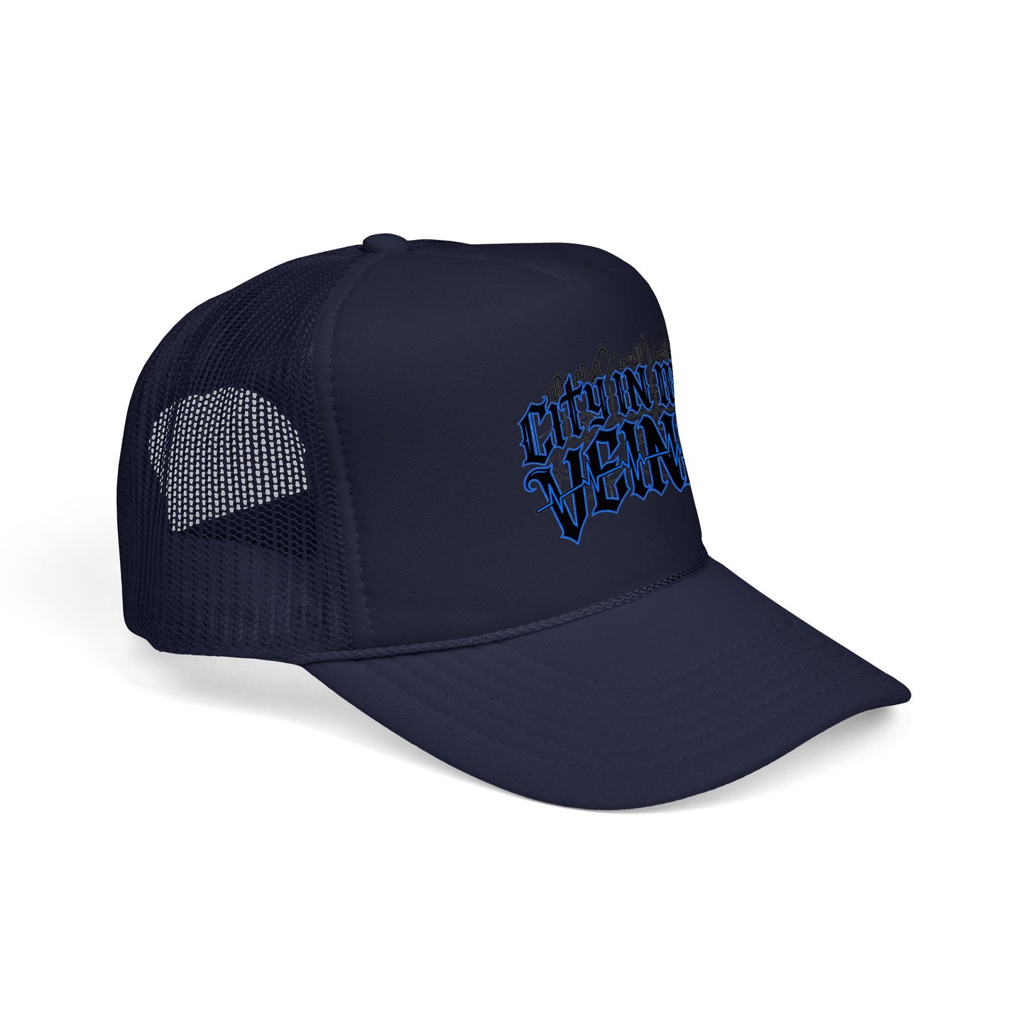 City In My Veins Foam Trucker Hat — Urban Gothic Blue Embroidered Cap