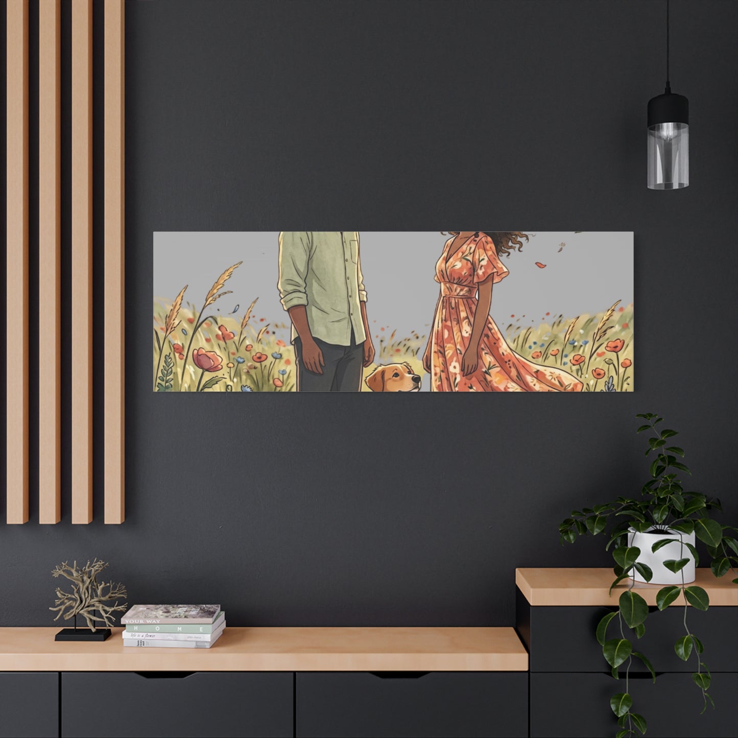 Romantic Couple in Wildflower Field Canvas Art — Black Love Wall Decor with Dog