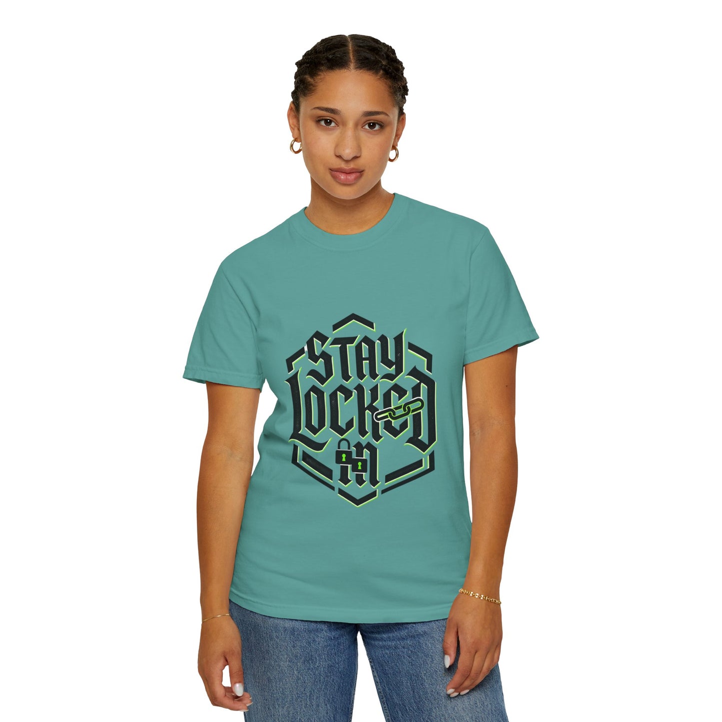 Stay Locked In T-Shirt — Bold Gothic Logo Tee