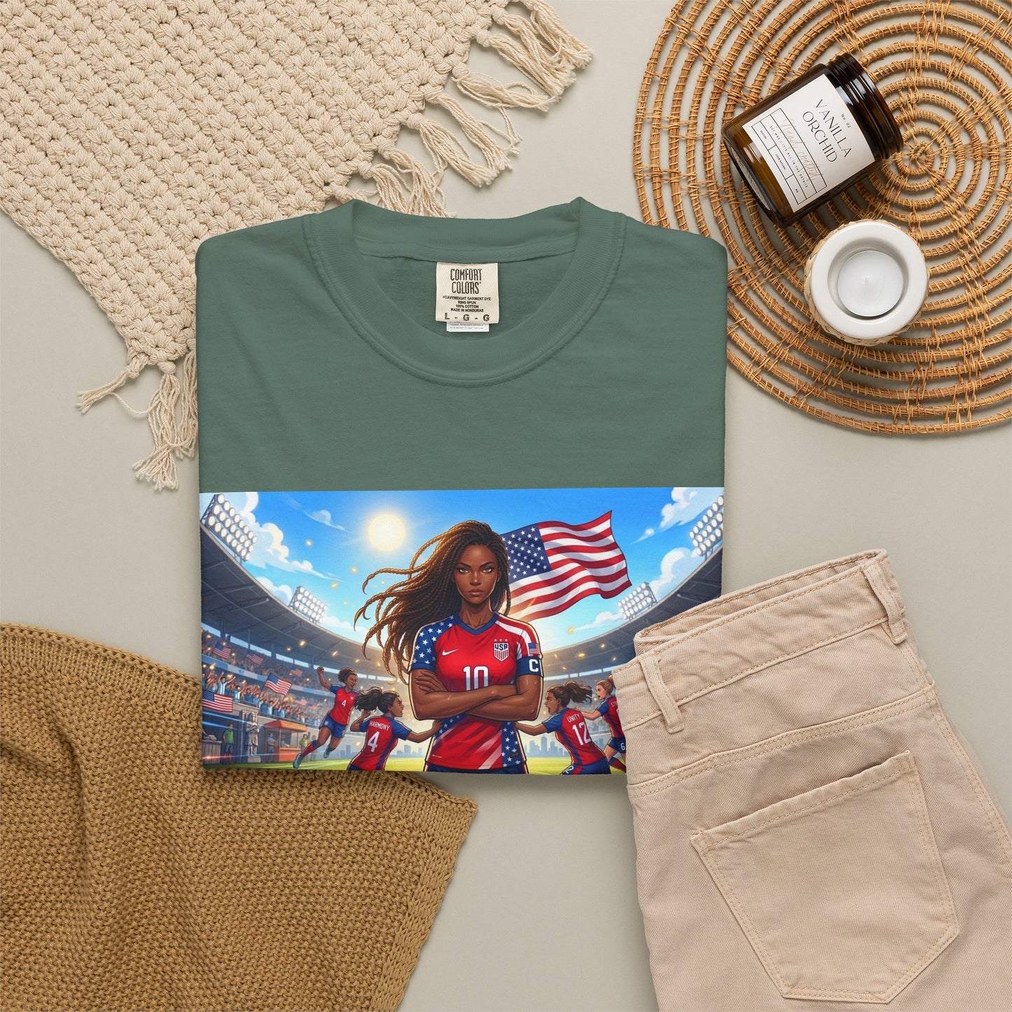 Soccer Mom USA T-Shirt — Female Soccer Player with American Flag Stadium Graphic