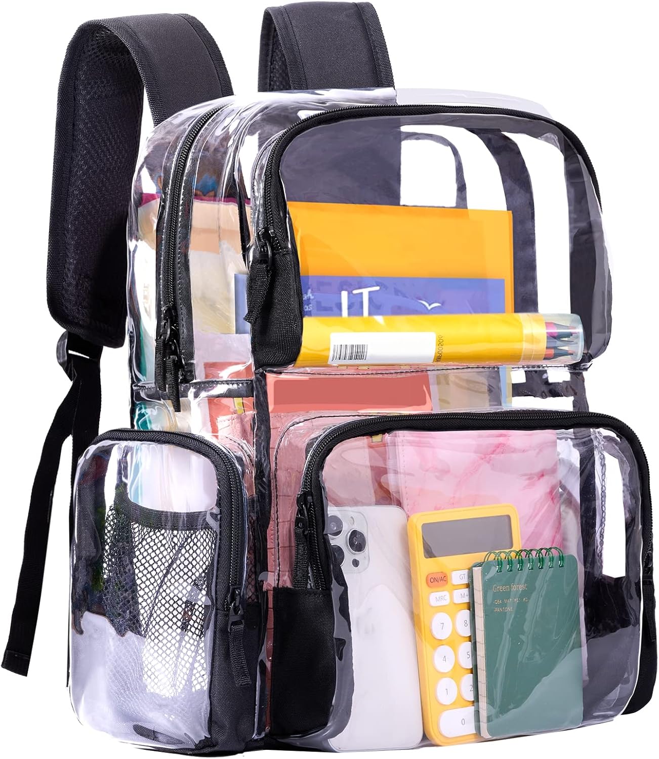VORSPACK Buckle-Less Unisex Polyester Lightweight Transparent Backpack - Reinforced Bottom, Multi-Pocket Functional Bag for Youth, Workplace Security - Black, Buckle-Less Backpacks