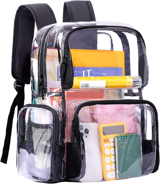 VORSPACK Buckle-Less Unisex Polyester Lightweight Transparent Backpack - Reinforced Bottom, Multi-Pocket Functional Bag for Youth, Workplace Security - Black, Buckle-Less Backpacks