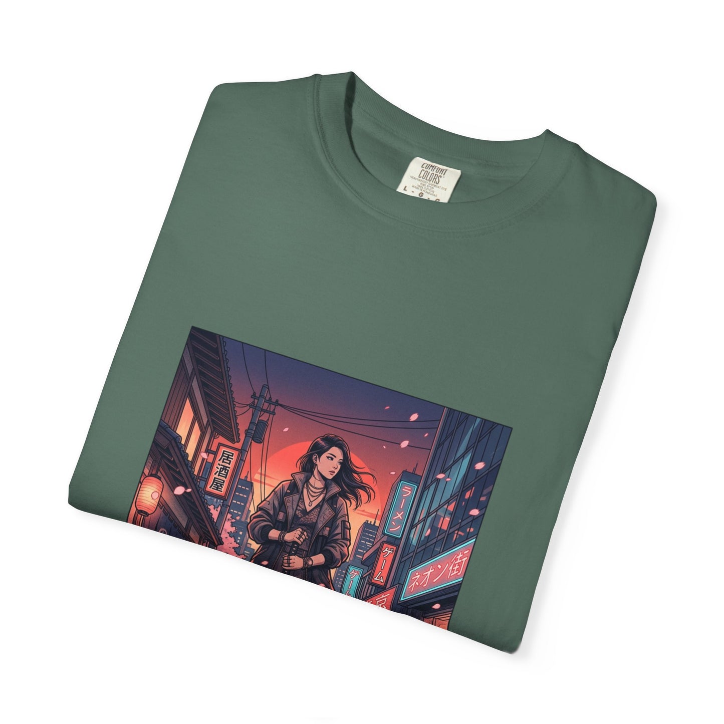 Cyberpunk Night Streets T‑Shirt — Neon Samurai Girl Graphic Tee