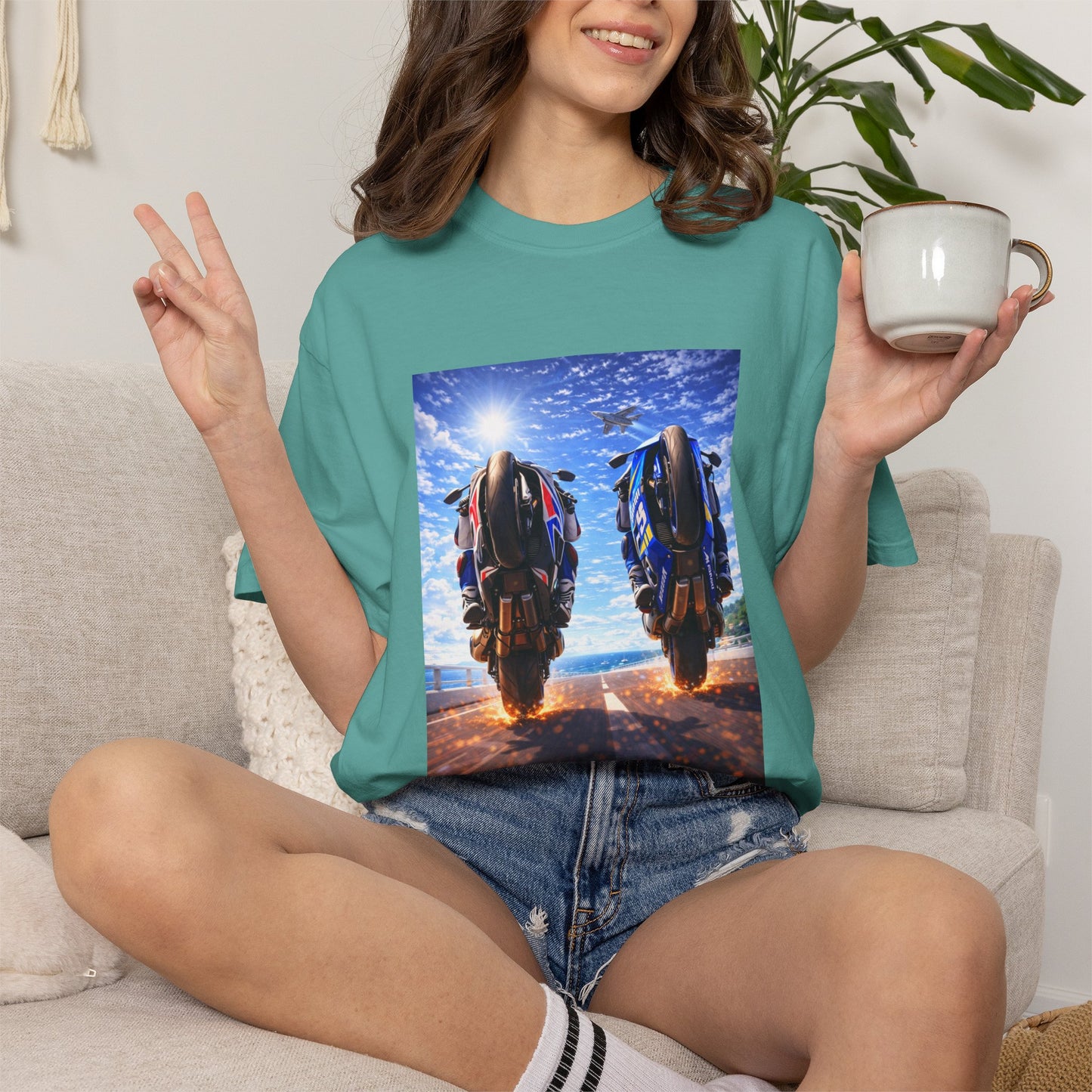 Motorcycle Sunset T-Shirt — Two Bikes Riding Into the Horizon