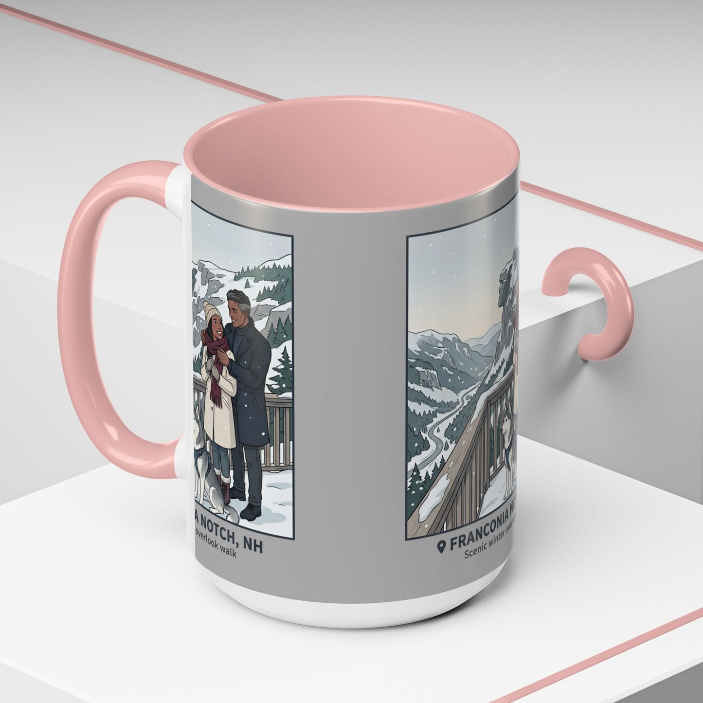 Franconia Notch Scenic Winter Mug — Couples & Dog Snowy Overlook Coffee Cup (11/15oz)