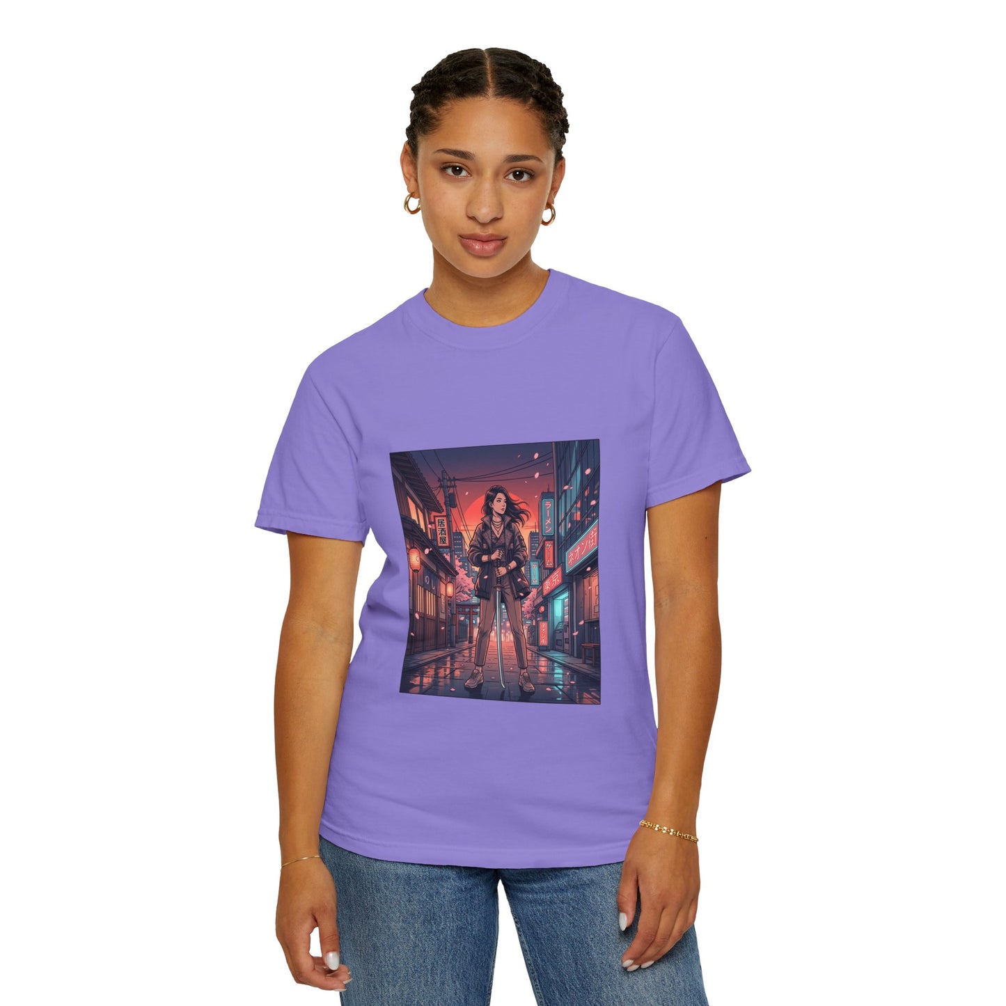 Cyberpunk Night Streets T‑Shirt — Neon Samurai Girl Graphic Tee