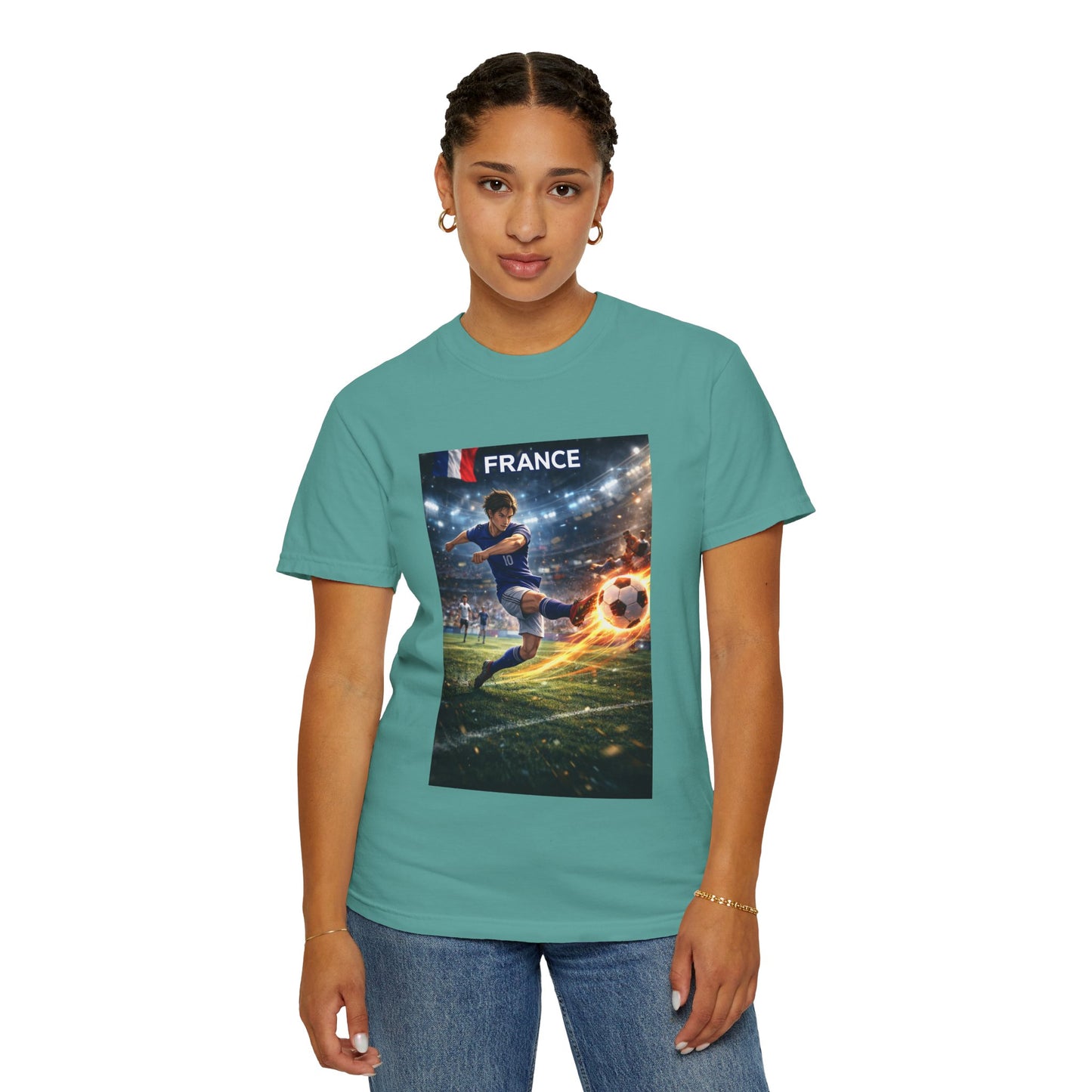France Soccer Player Graphic T-Shirt — Football Kick Stadium Design