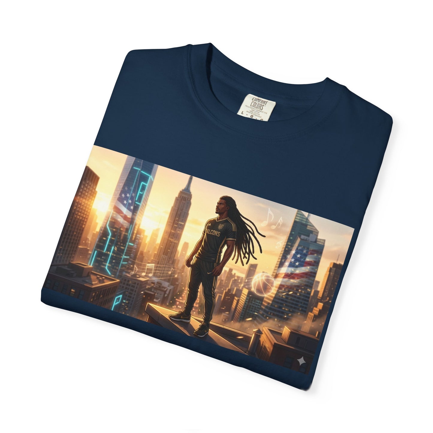 Cyberpunk Cityscape T-Shirt — Silhouette Hero at Sunset