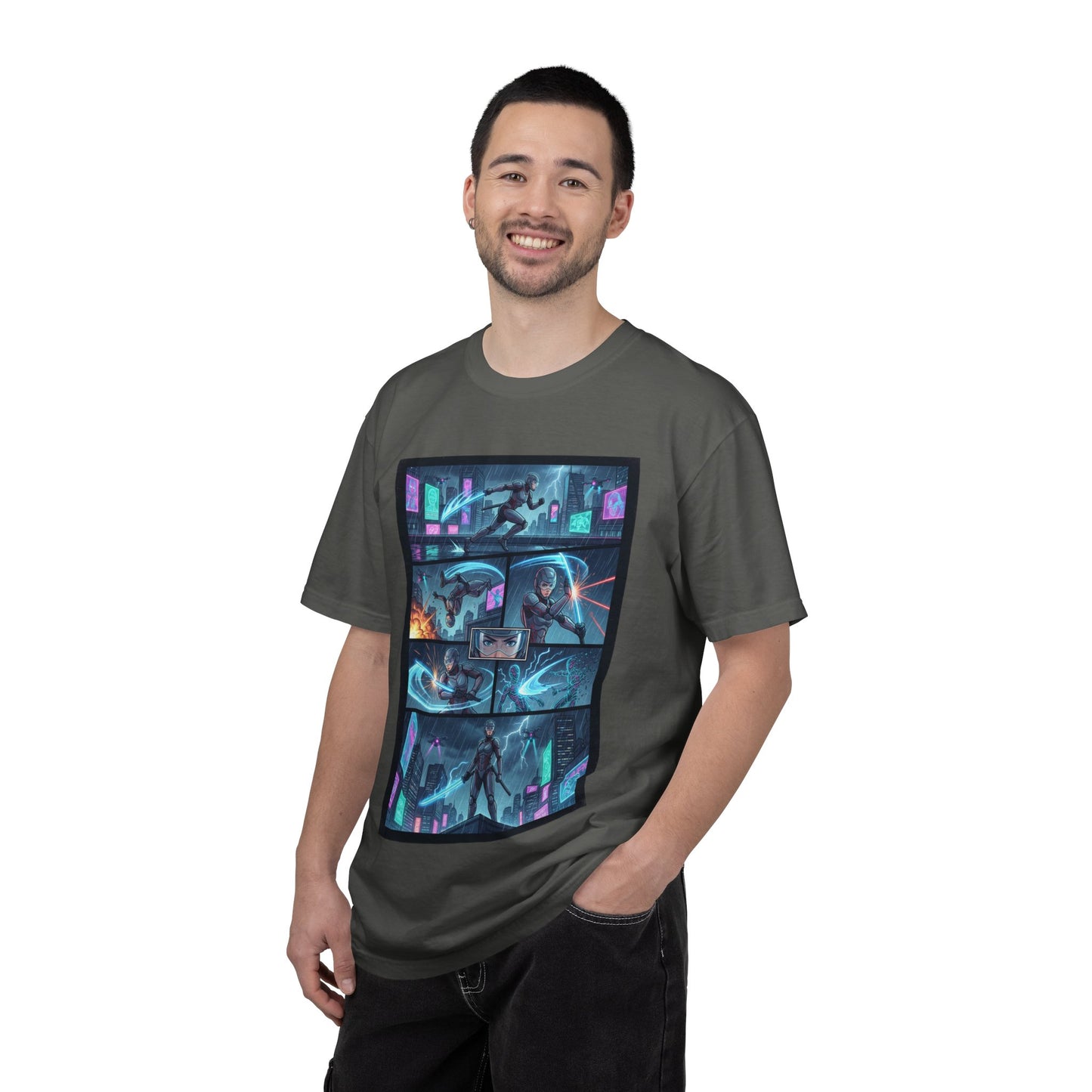 Cyberpunk Girl Samurai T-Shirt — Neon Manga Panel Graphic Tee