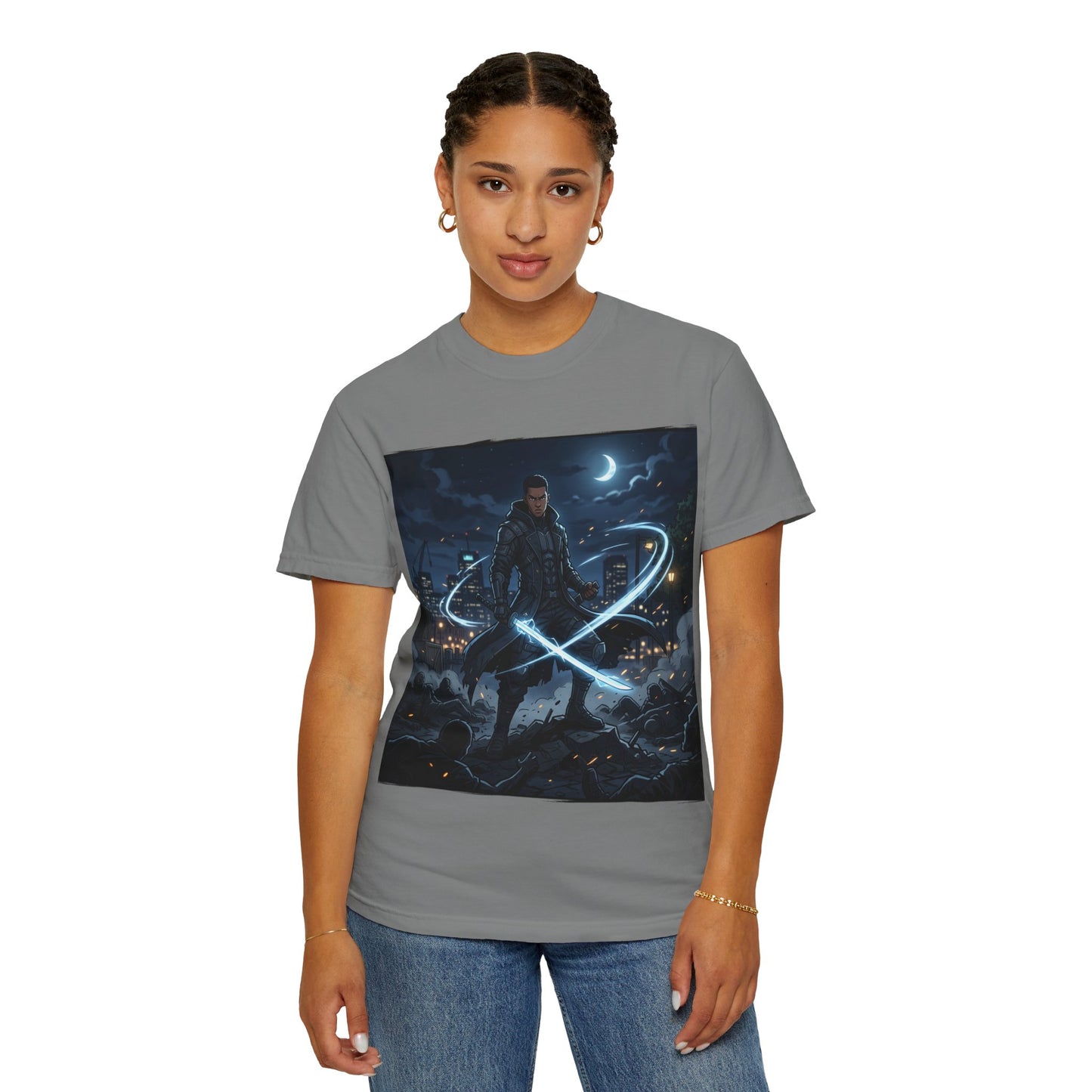 Urban Night Warrior T-Shirt — Neon Samurai Cityscape