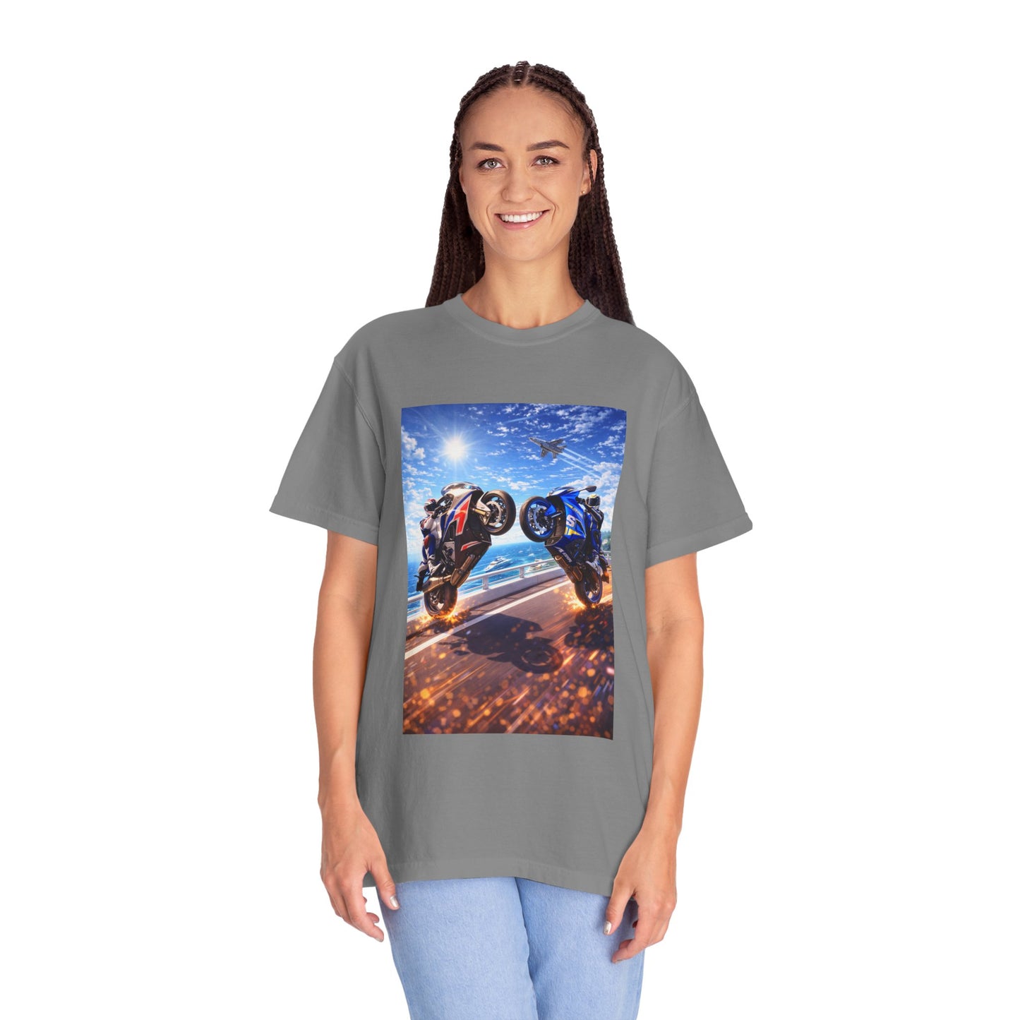 Stunt Riders Motorcycle T-Shirt — Two Bike Wheelie Racing Graphic Tee