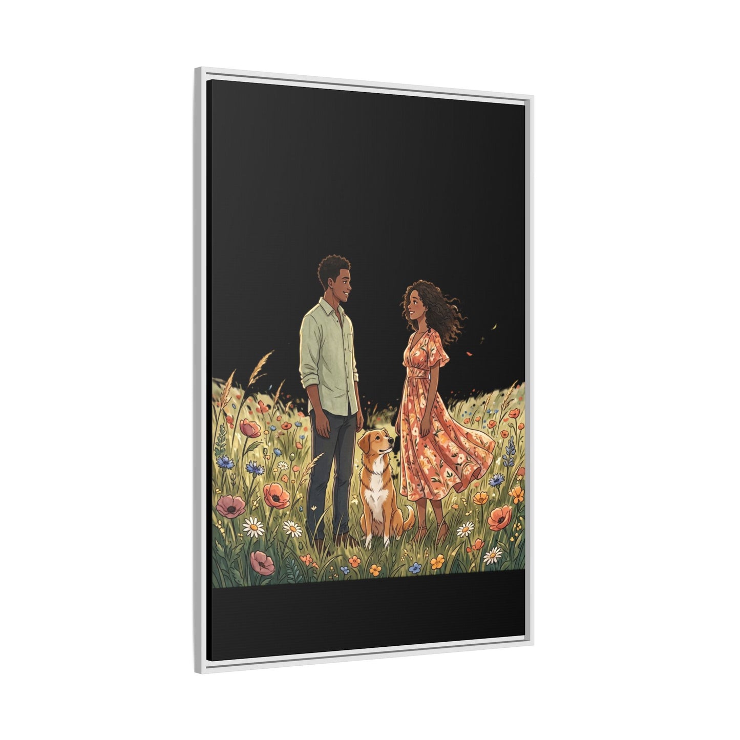 Framed Matte Canvas Print — Romantic Couple in Wildflower Field (Multi‑Color)