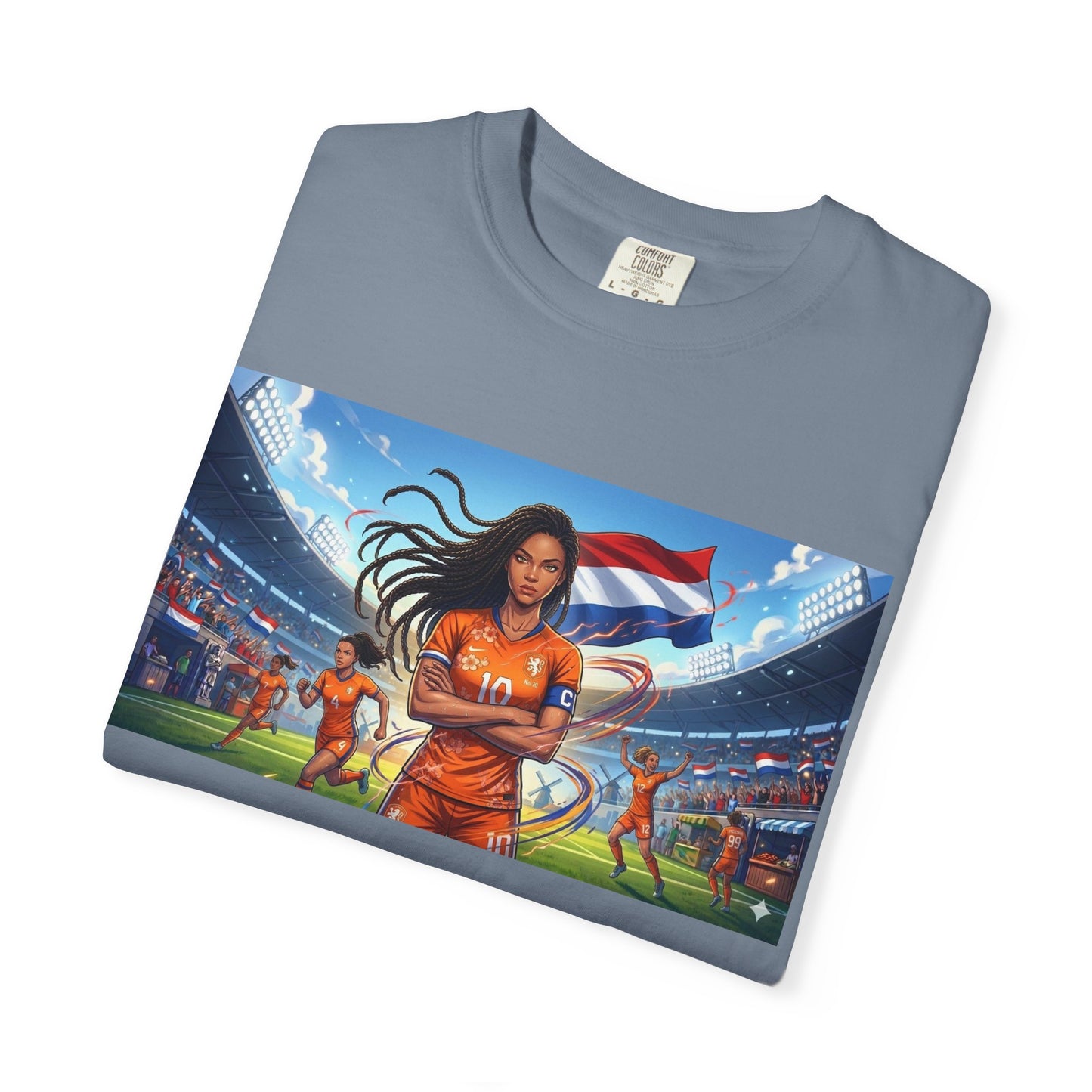 Soccer Warrior T-Shirt — Netherlands Female Captain with Flag Stadium Graphic